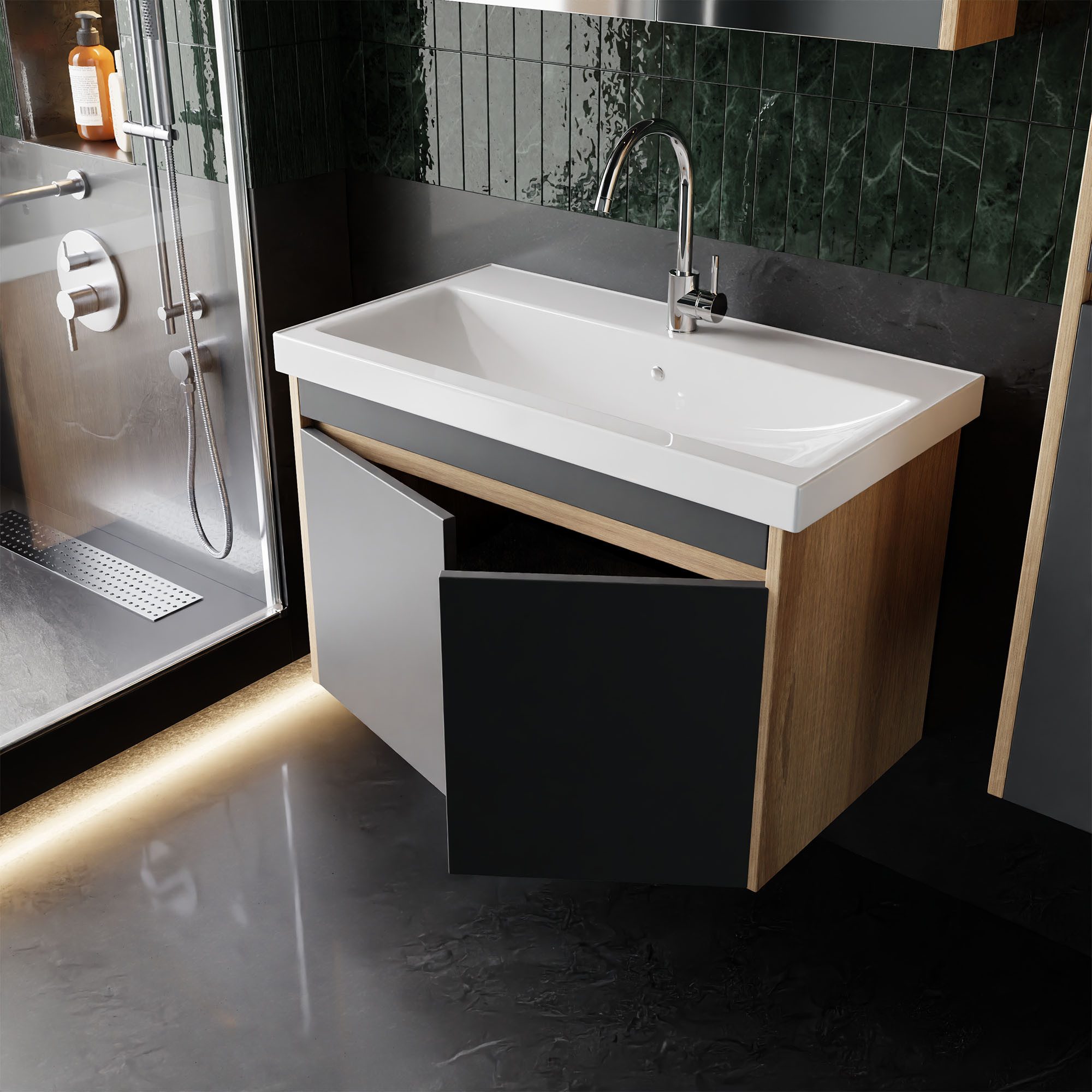 Karen Bathroom Furniture Set Dallas 4-Piece Complete Set (4-piece complete set with vanity unit, mirrored cabinet, sink & tall cabinet, 4 pieces, sink, vanity unit, cabinet with mirror, tall cabinet), Natural design, tall cabinet included, Soft-close, Space-saving