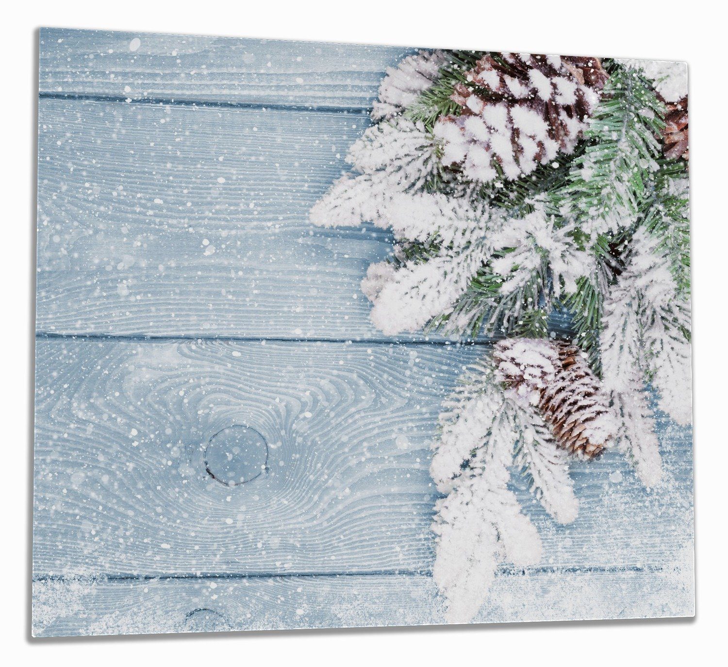 Wallario Herd-Abdeckplatte Verschneite Tannenzweige auf Holz - Winterdekoration, ESG-Sicherheitsglas, (Glasplatte, 1 tlg., inkl. 5mm Noppen), verschiedene Größen