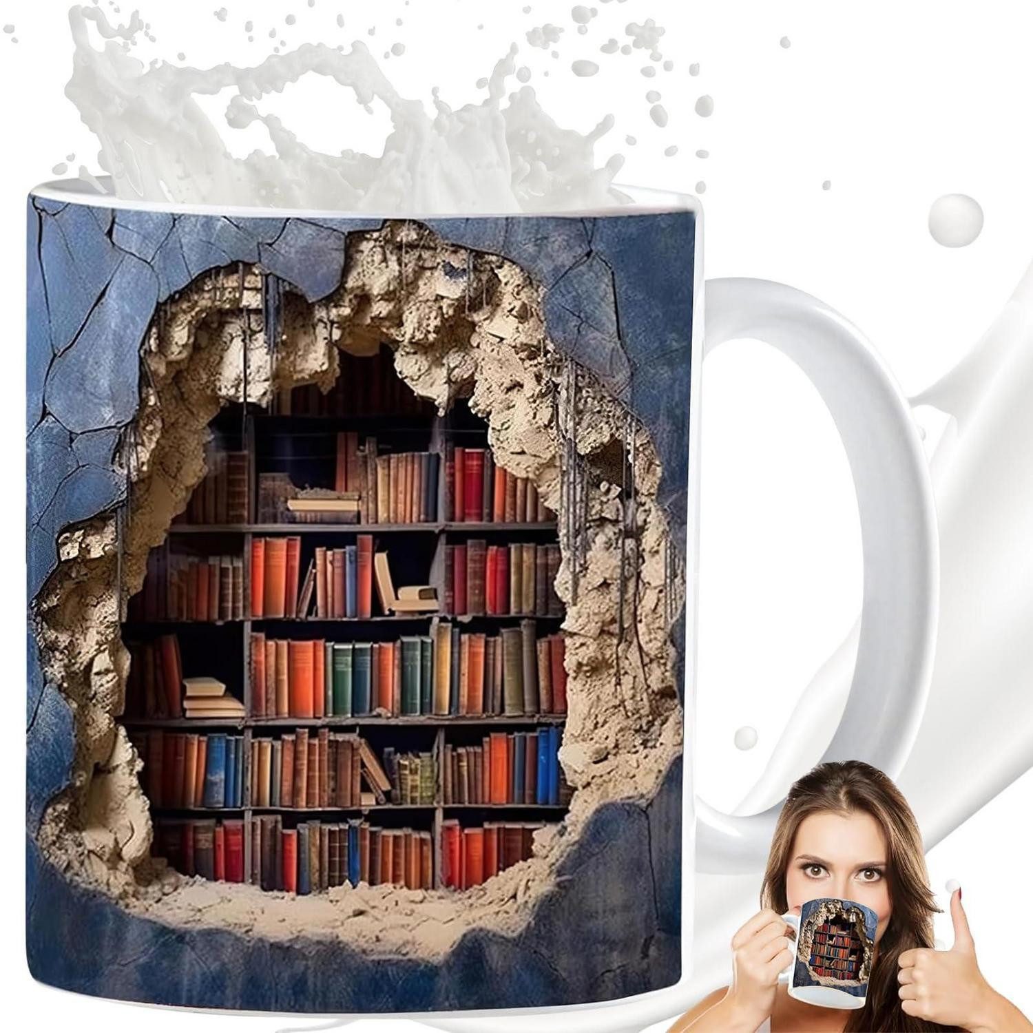 LuxusKollektion Tasse 3D Bücherregal Tasse Keramik 11oz Weiß, Keramik