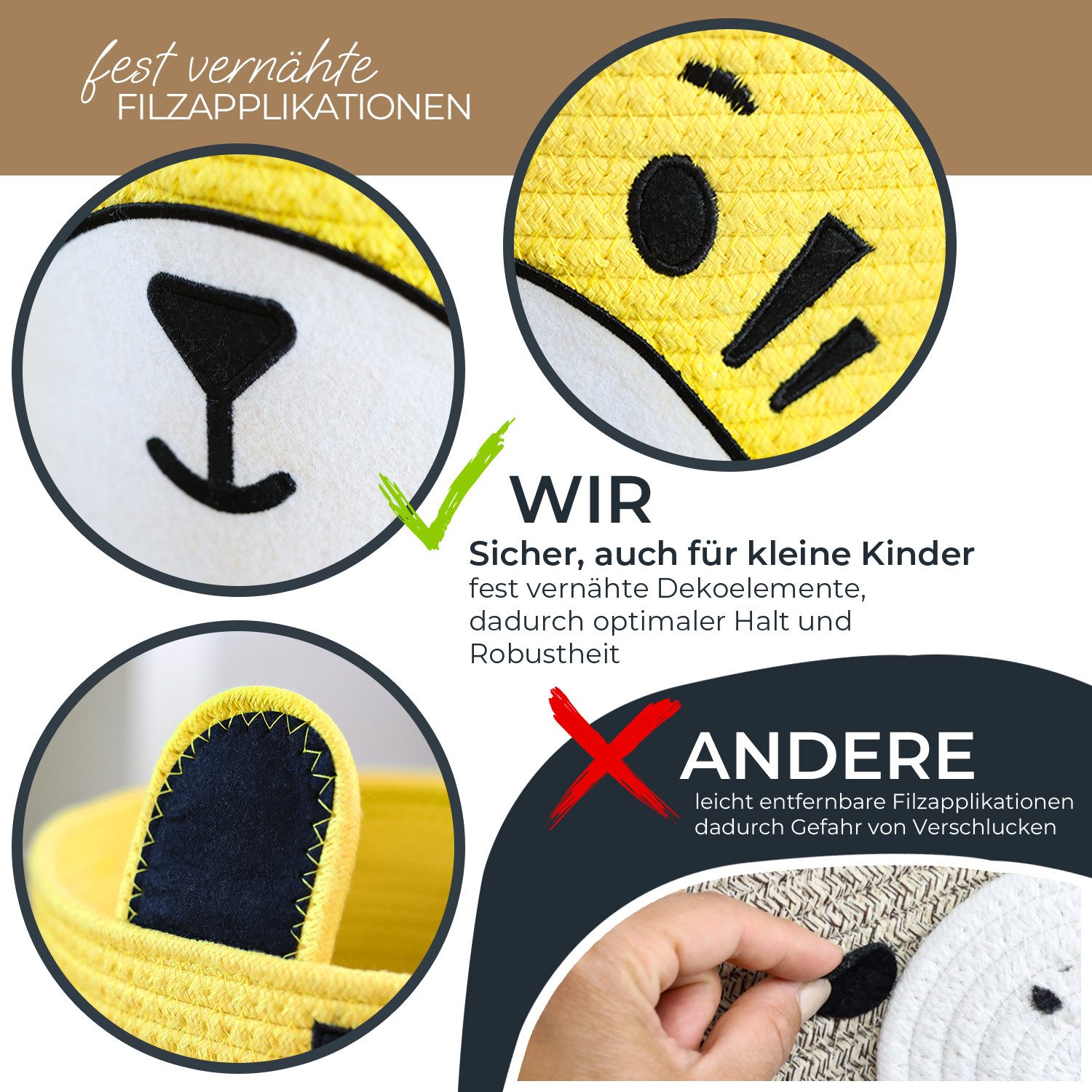 HMF Aufbewahrungskorb Aufbewahrungskorb mit versteckten Griffen (3er, Set), Korb für Kinderzimmer aus Baumwolle, Tiger, Groß, Mittel, Klein – Bild 4 von 5