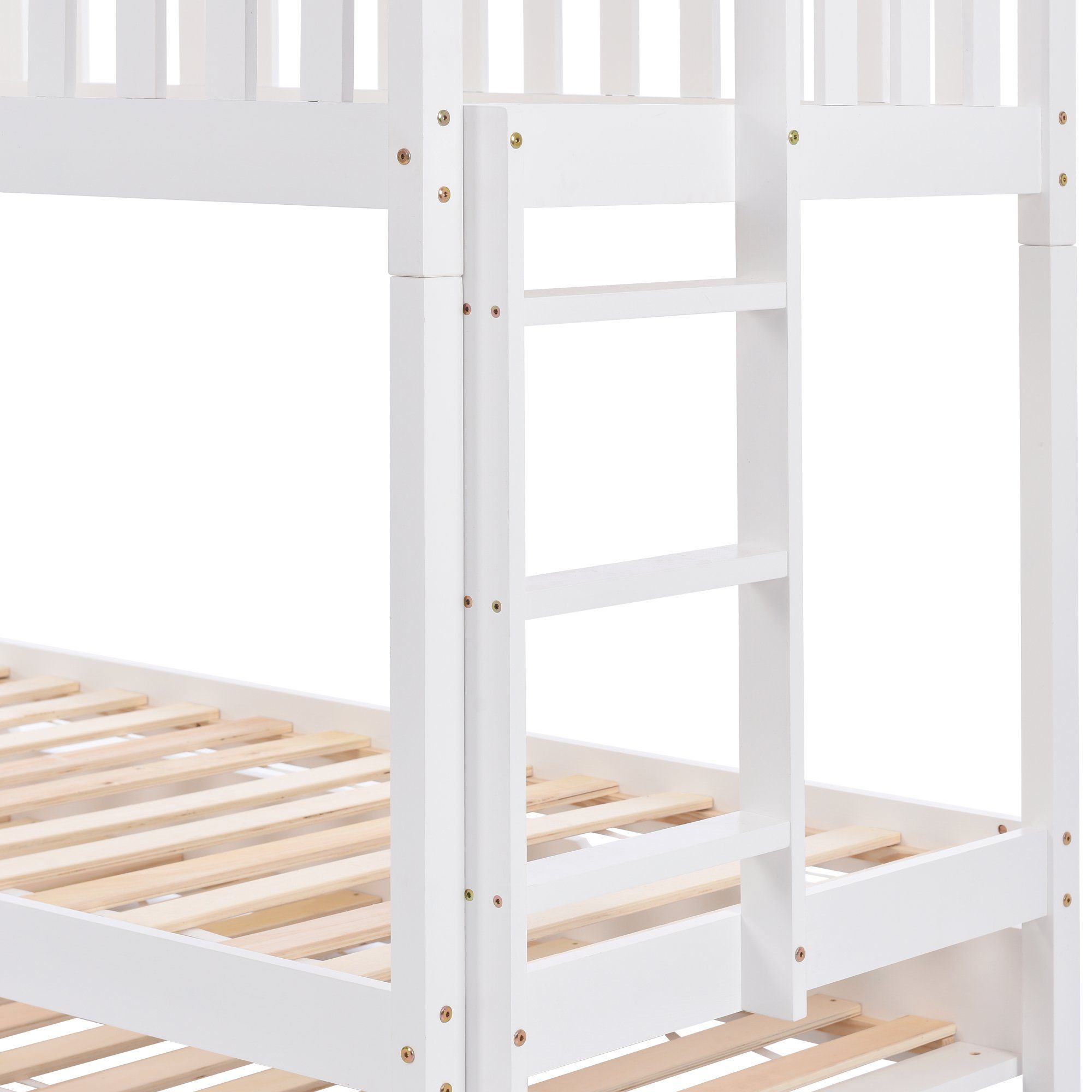 Etagenbett (Etagenbett, Hochbett Hausbett mit Rausfallschutz und Lattenrost), Kinderbett 90x200 cm mit Ausziehbett 90x190 cm, Kiefer, 3 Liegefläche