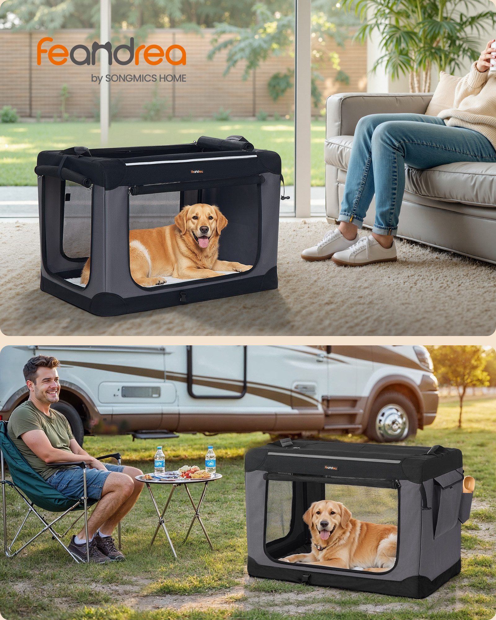 FEANDREA Tiertransporttasche Hundebox faltbar, Hundetasche, Taschen für Futter und Wasserflasche, 91,4 cm, große Hunde, Oxford-Gewebe, 4 Türen aus Netzstoff, Griffen