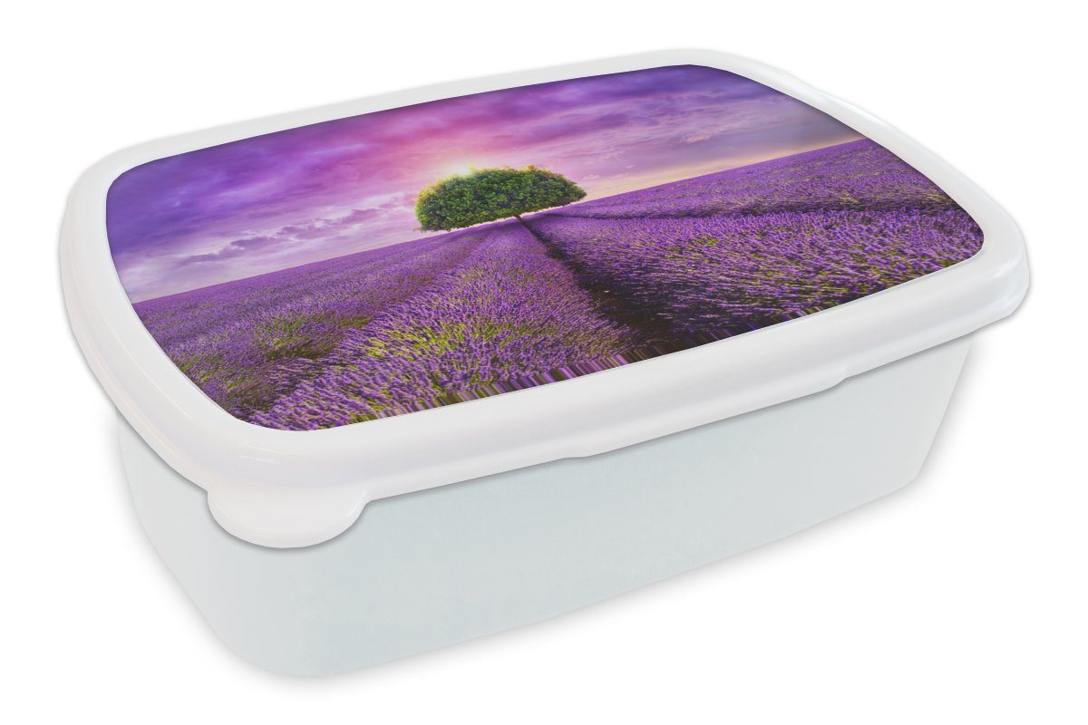 MuchoWow Lunchbox Lavendel - Baum - Lila - Wolken, Kunststoff, (2-tlg), Brotbox für Kinder und Erwachsene, Brotdose, für Jungs und Mädchen weiß