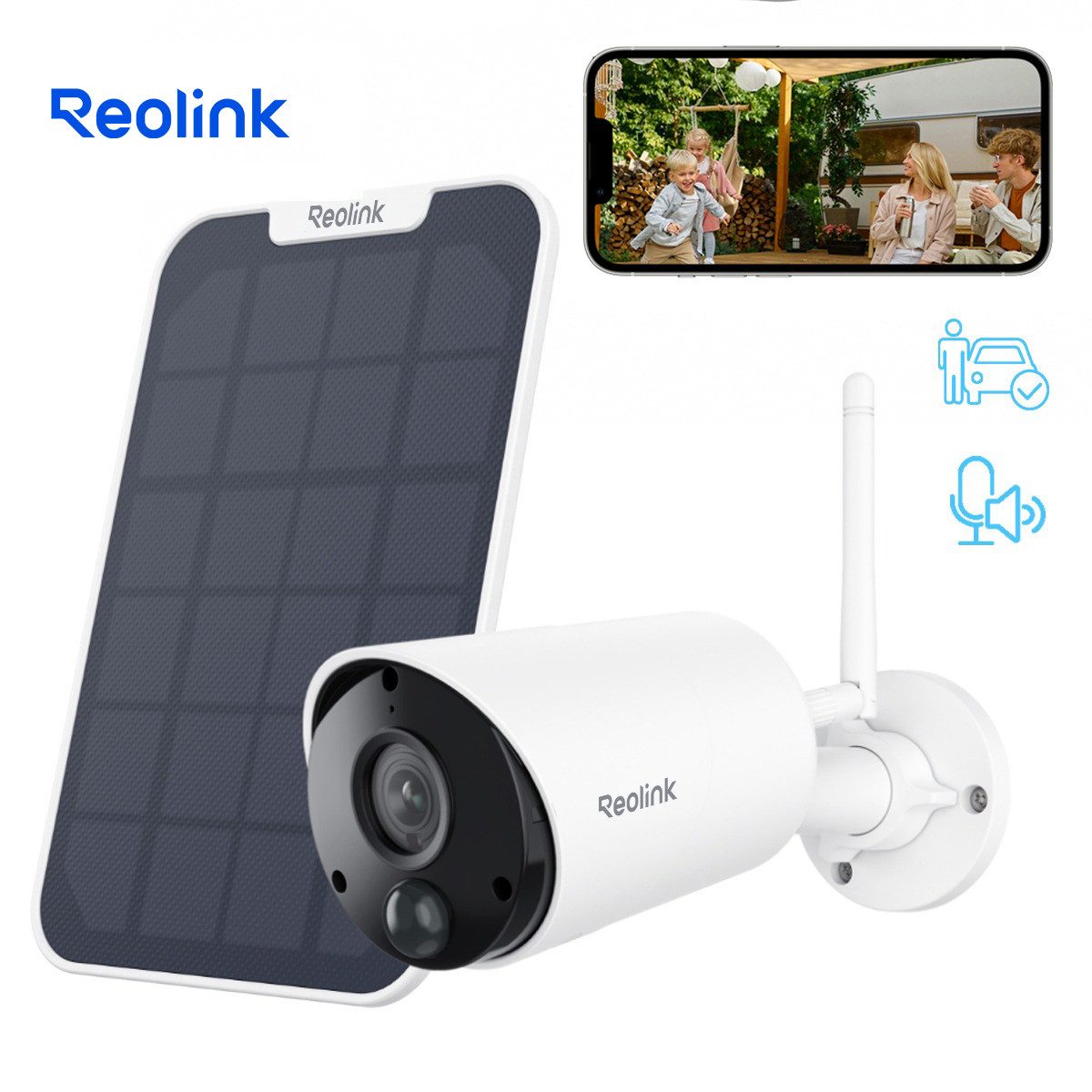 Reolink Überwachungskamera Argus Eco+Solarpanel 3MP Akku- oder solarbetriebene WLAN IP (Außenbereich, Personen-/Autoerkennung, IR-Nachtsicht)