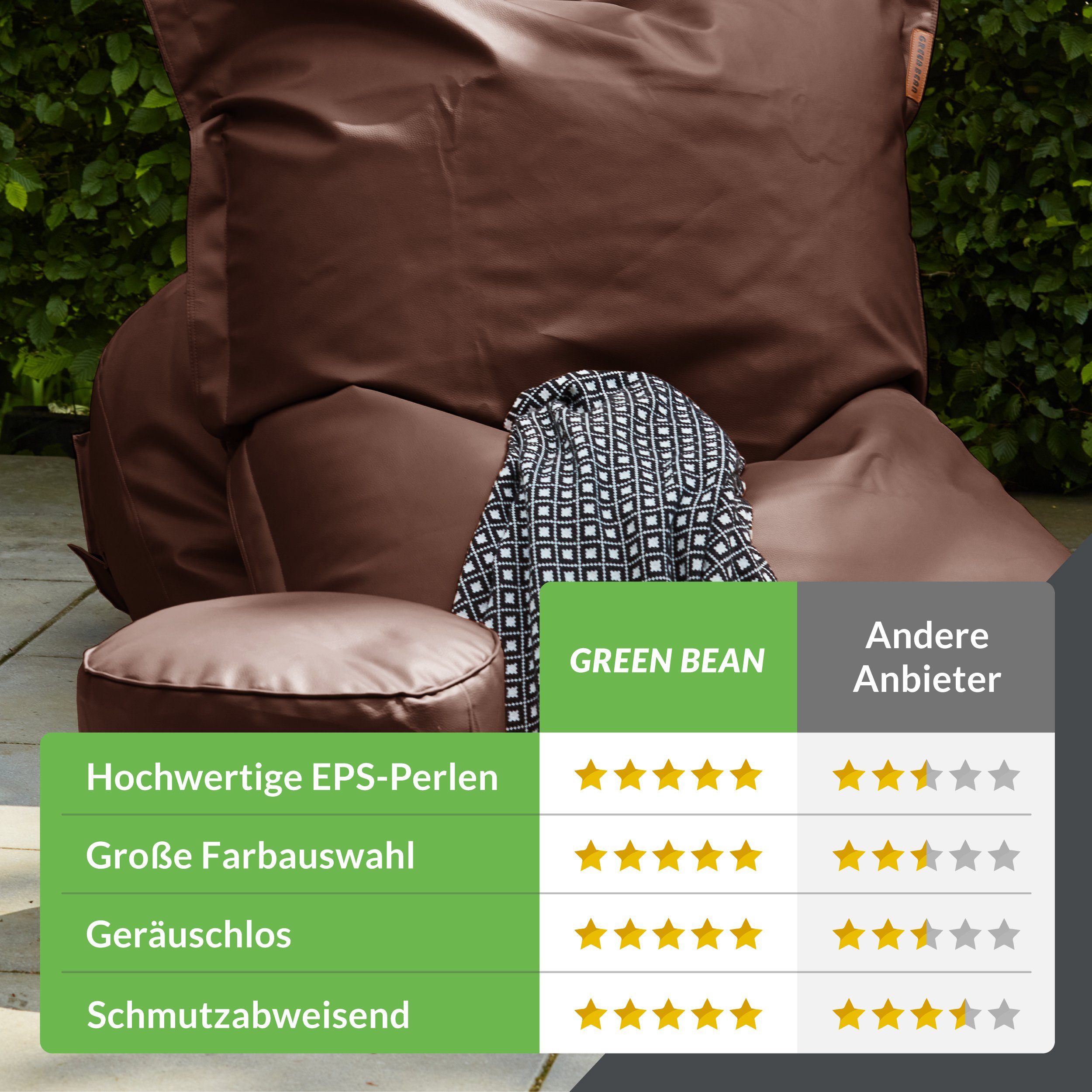 Green Bean Sitzsack XXL abwaschbarer 180x140cm Stay Dunkelbraun Perlen & Set Kunstleder Outdoor, aus Bezug, Lounge Riesensitzsack - Couch Pouf ca. EPS Kissen mit), (Indoor als Füllung inklusive