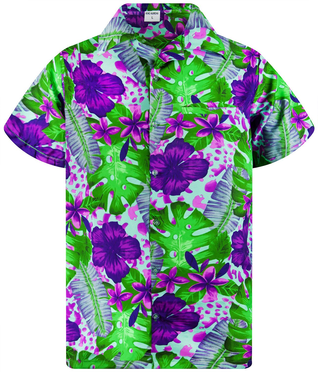 King Kameha Hawaiihemd Grün Lila Blume Funky Hawaii-Hemd Kurzarm Front-Tasche Stylish Unisex