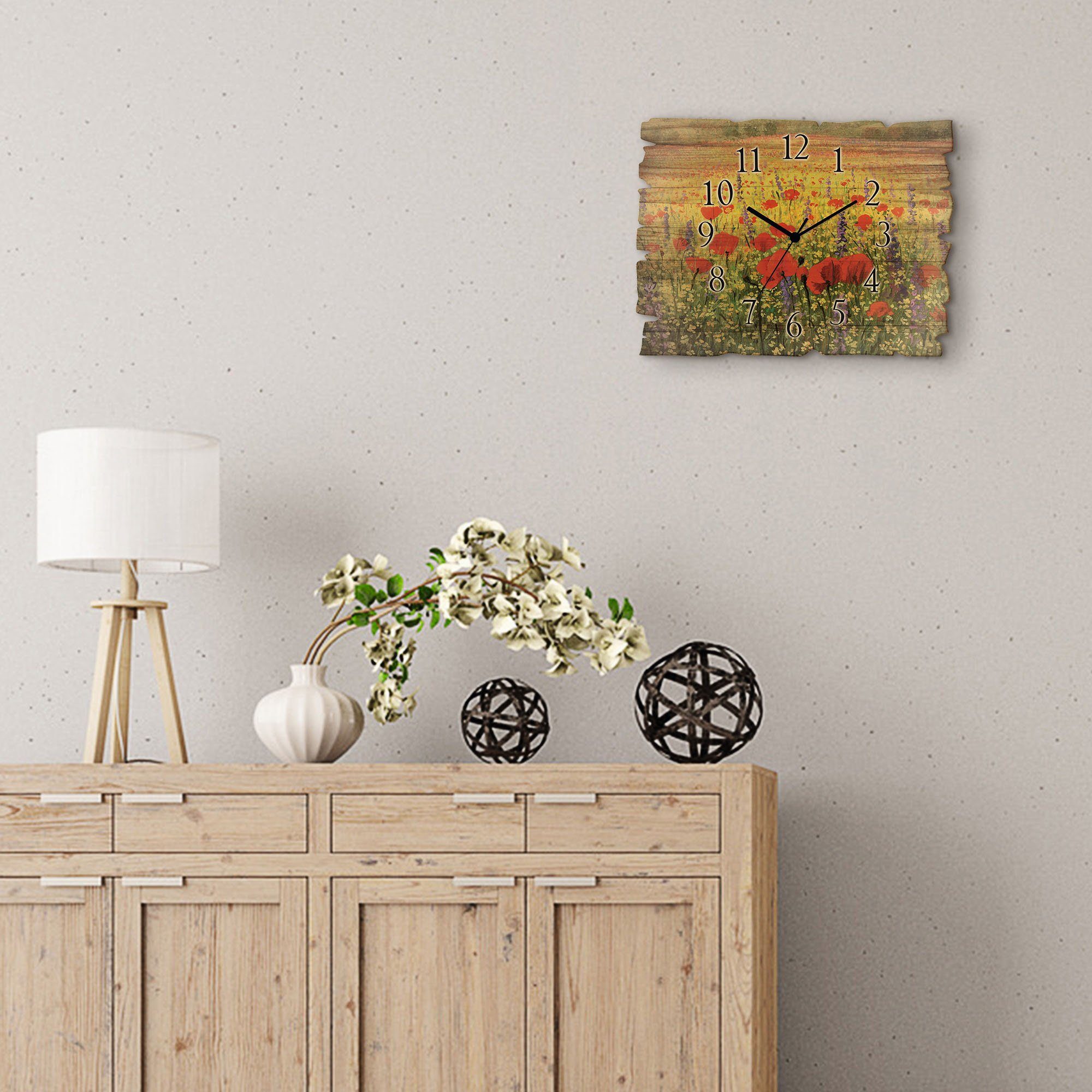 Artland Wanduhr »Holzuhr Mohnblumenfeld« (in vielen Größen & Produktarten - Alubild / Outdoorbild für den Außenbereich, Leinwandbild, Poster, Wandaufkleber / Wandtattoo auch für Badezimmer geeignet)-kaufen