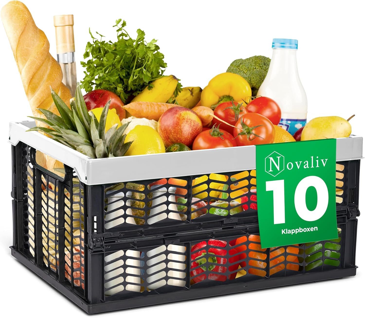 Novaliv Klappbox 19663-10xStuck, Klappboxen faltbar stabil 10x 30L Grau Schwarz baskets Einkaufskiste K