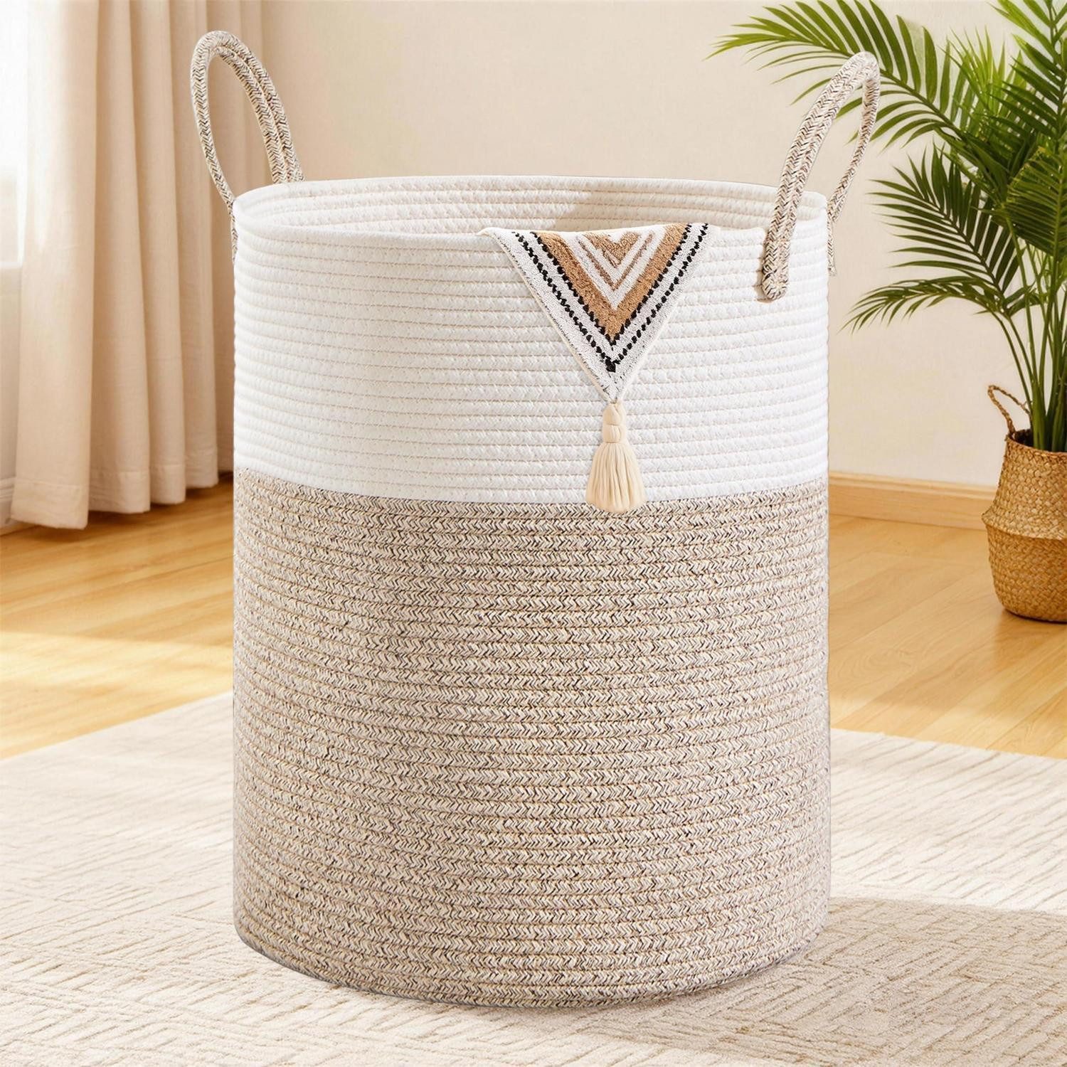 LuxusKollektion Wäschekorb Wäschekorb Wäschesammler geflochten rund XXL Braun Weiß 100L