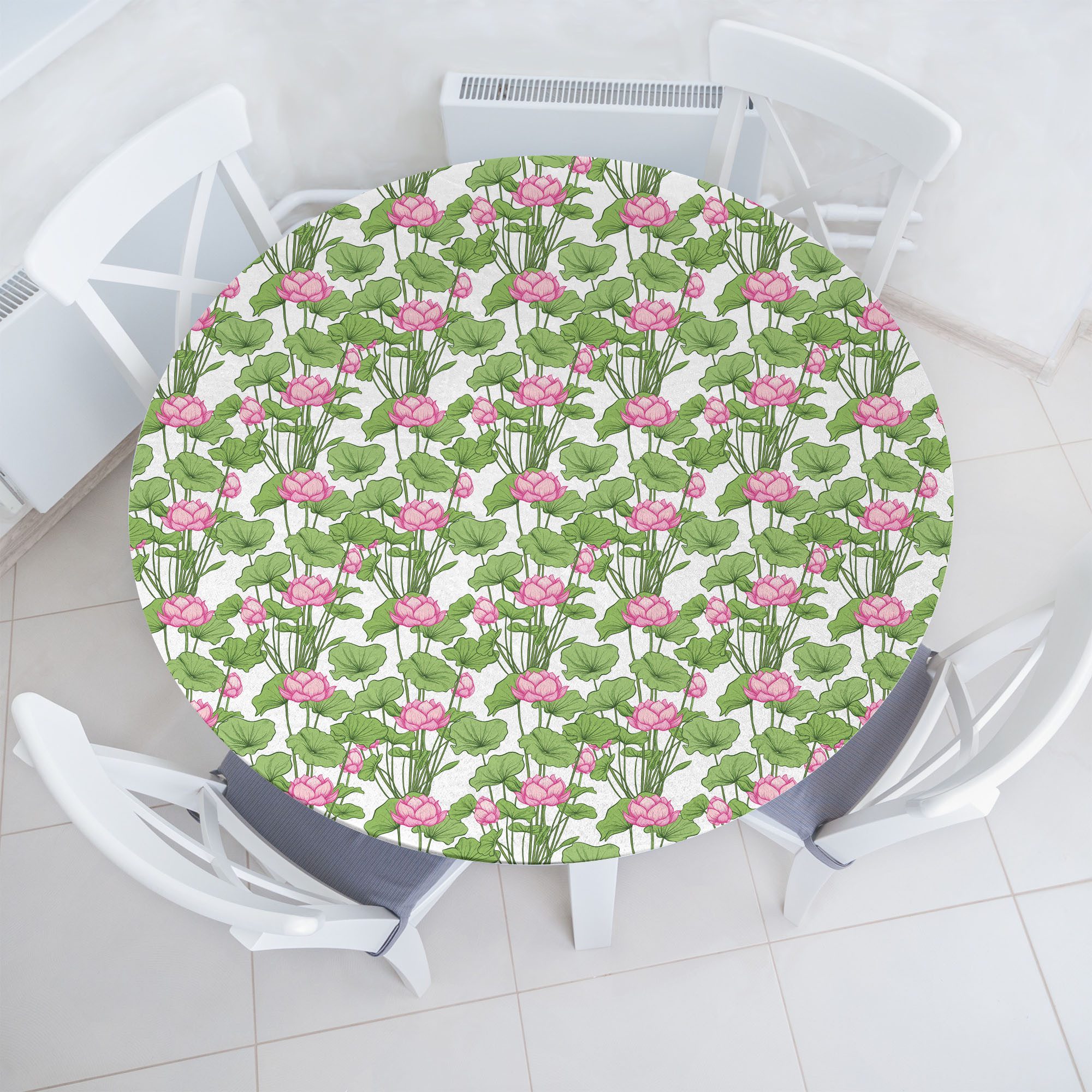 Abakuhaus Tischdecke Rundum-elastische Stofftischdecke, Rosa Blumen Lilienblumen Große Blätter