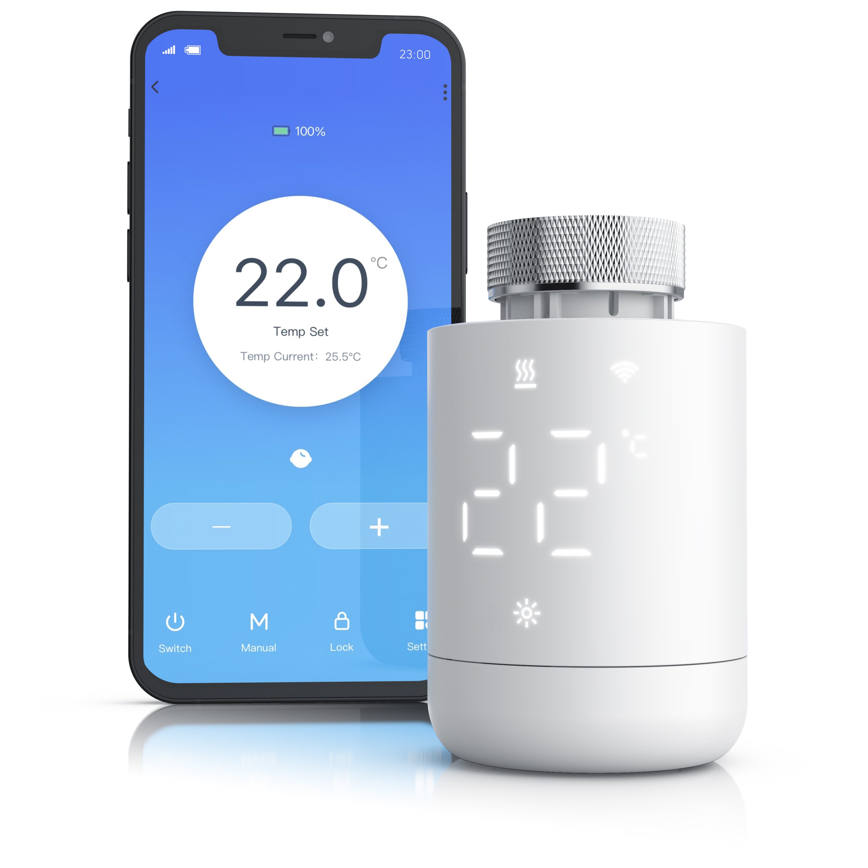 Brandson Heizkörperthermostat WLAN, Tuya Smart App, 7-Tage-Programm, (1 St., Inkl. Adapter für Danfoss RA, RAV, RAVL, Caleffi, Giacomini und M28) Fenster-Offen-Erkennung, Frostschutz, Drehregler und LED-Display