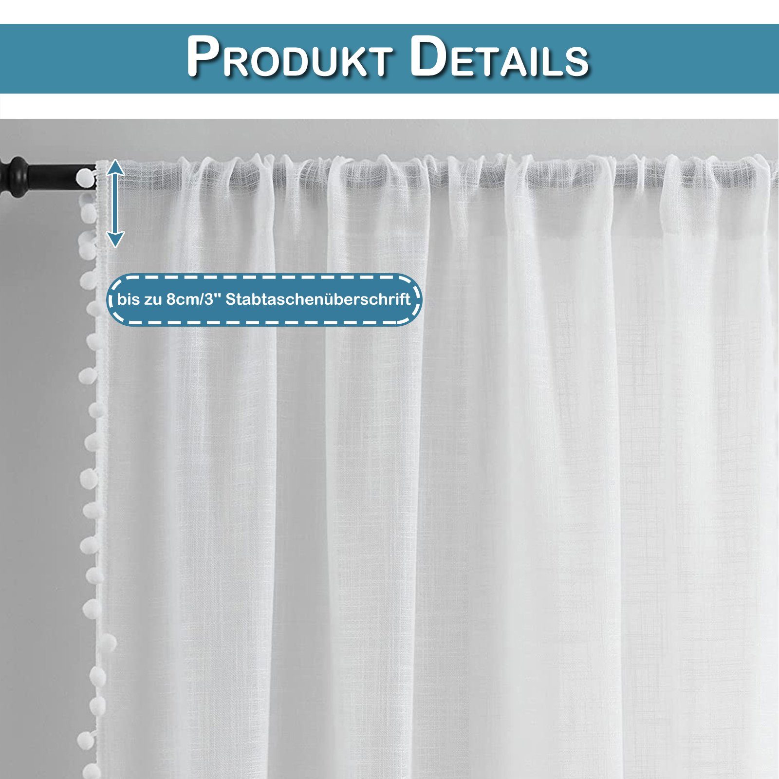 BTTO V&G Schiebegardine Boho Vorhänge Stabtaschenvorhang,Bistrogardine,Weiß,Cream,Transparent, Retro Vorhänge 2er Set, Polyester, mit Ball Pompom / Quasten