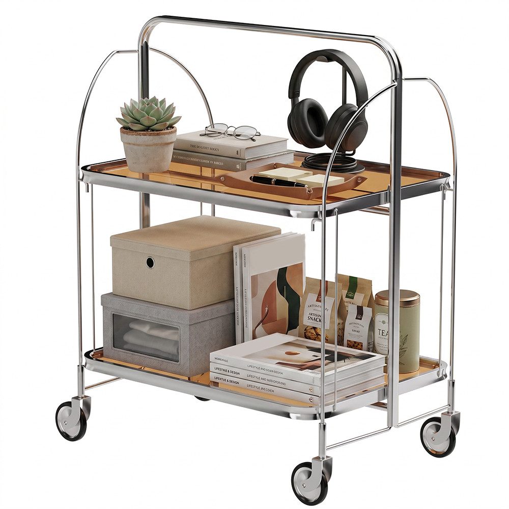 YMQHBS Küchenwagen Klappbarer Wagen (mit Bremse) mit 2 Hartglasböden,Servierwagen, Klappen Küchenwagen mit 4 Rollen, 68 x 40 x 80cm, für Küche Wohnzimmer – Bild 2 von 5