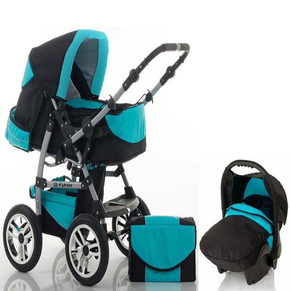 babies-on-wheels Kombi-Kinderwagen 3 in 1 Kinderwagen-Set Flash inkl. Autositz - 15 Teile - in 18 Farben Schwarz-Türkis
