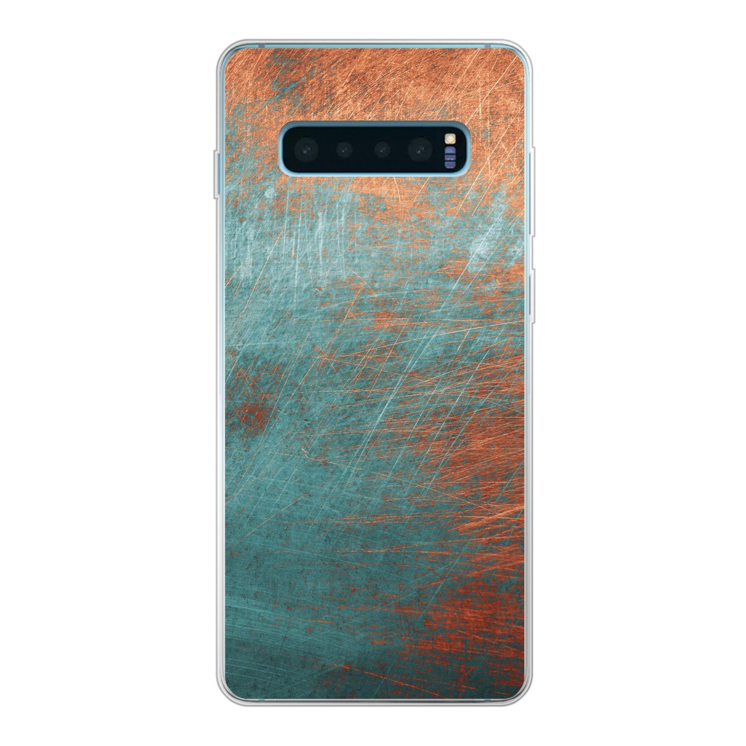 MuchoWow Handyhülle für Samsung Galaxy S10 Plus Metall - Rost - Bronze - Blau - Abstrakt -, Phone Case, Silikon, Schutzhülle Dünn
