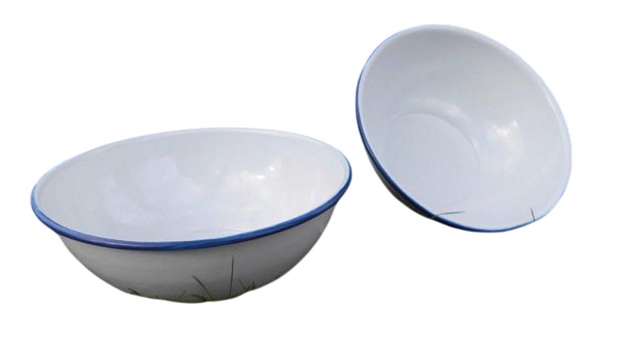 Deko-Impression Dekoschale Zwei stabile Eisenschalen Eisenschüsseln weiß lackiert Rand blau 21 cm (2 St)