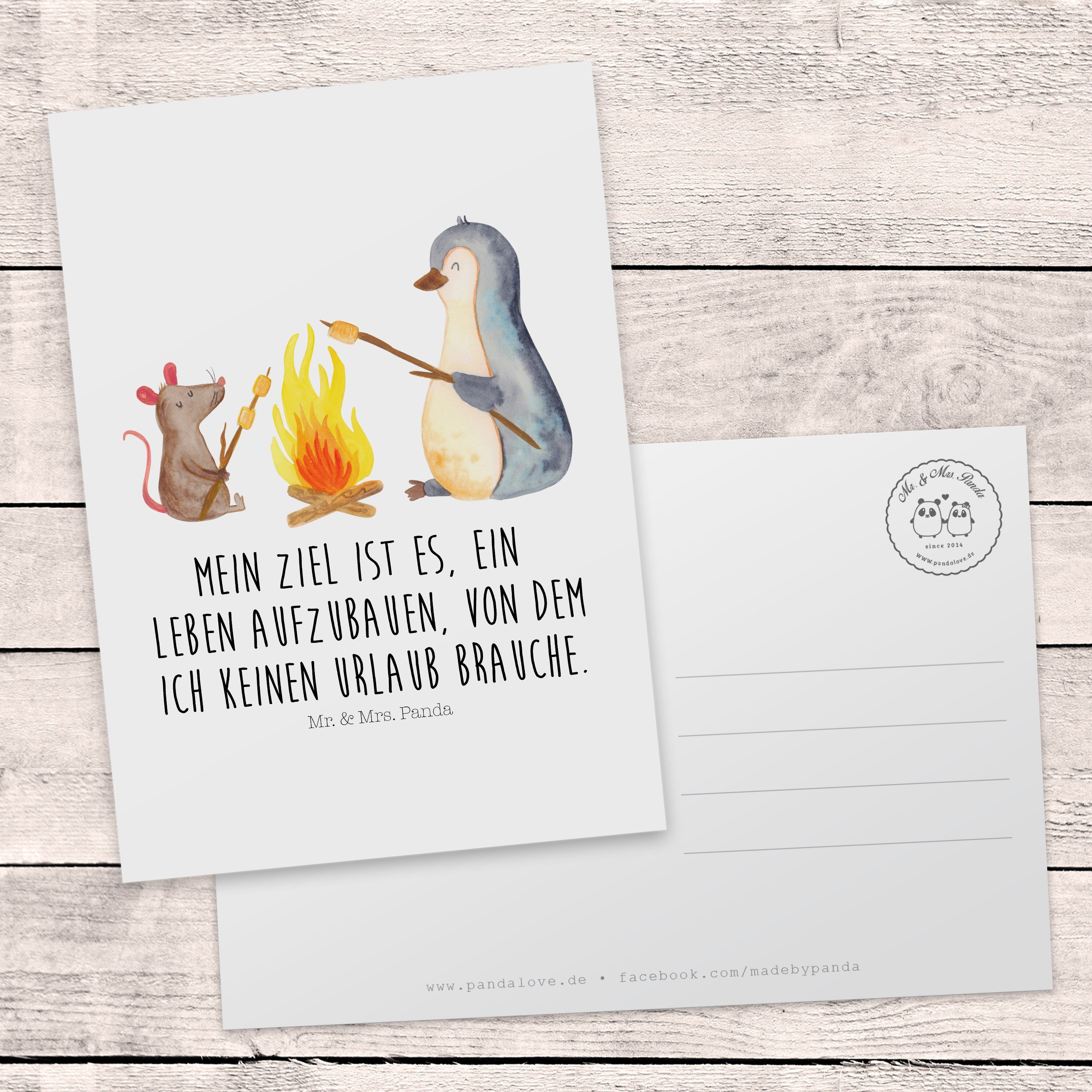 Mr. & Mrs. Panda Postkarte Lagerfeuer Büro, - Ansicht Weiß Pinguin - Geschenk, Geburtstagskarte