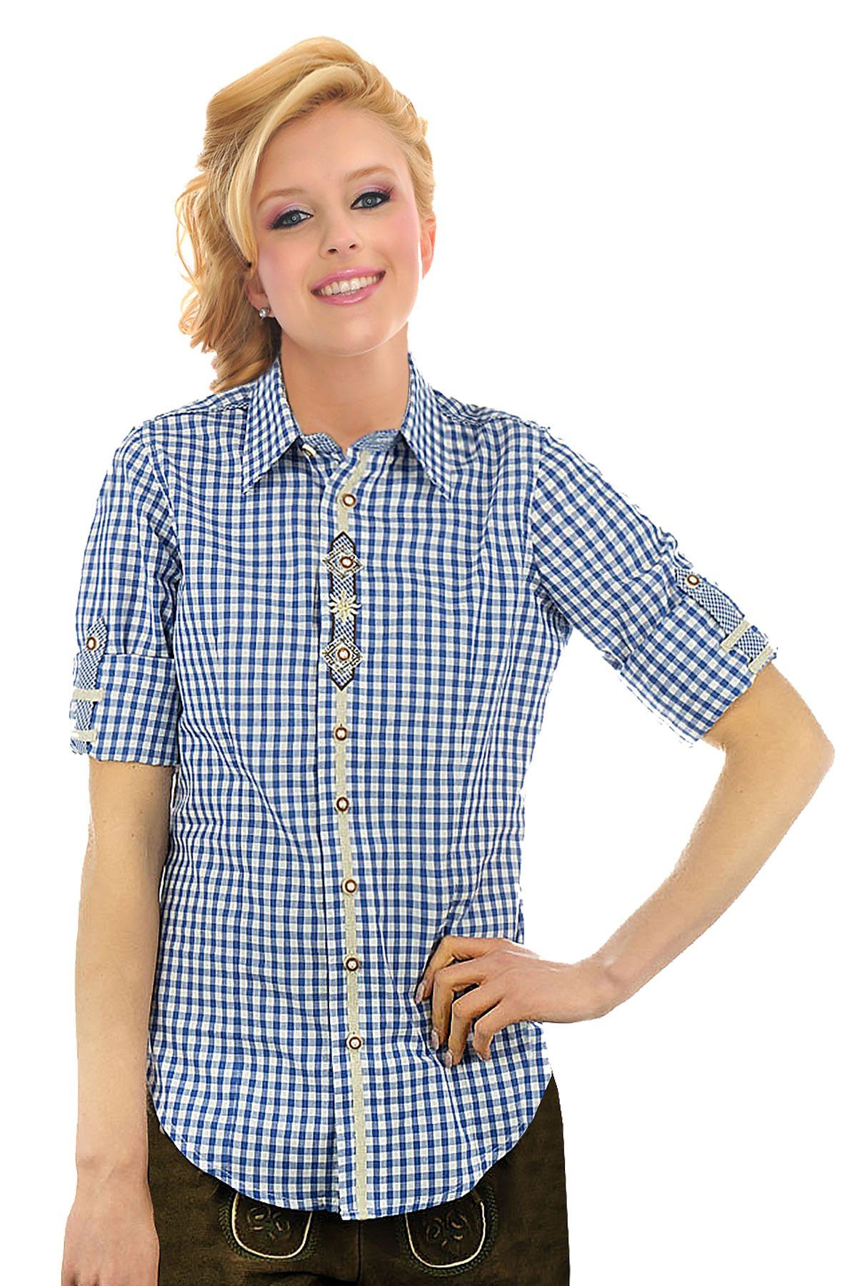 Moschen-Bayern Trachtenbluse Trachtenbluse Damen Bluse Damenbluse Langarm + Kurzarm -Oktoberfest + Lederhose kariert Karo Blau Damenbluse, Trachtenbluse, Bluse, Karobluse, Jeansbluse, klassische Bluse