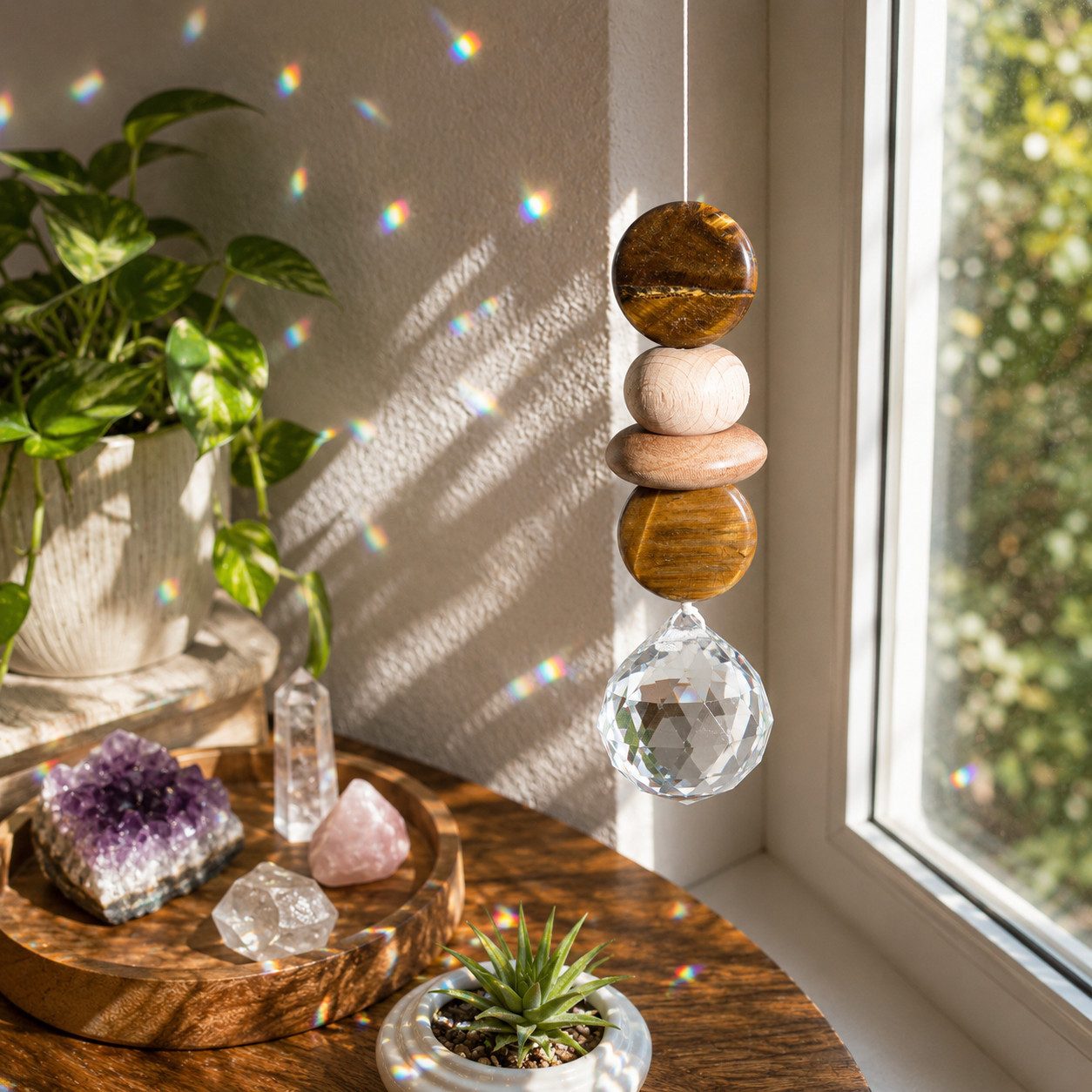 Karmandala Fensterdekoration Kristall Sonnenfänger Regenbogen Lichtfänger Edelstein Windspiel, echte Tigerauge-Natursteine für Mut, Selbstvertrauen und innere Stärke