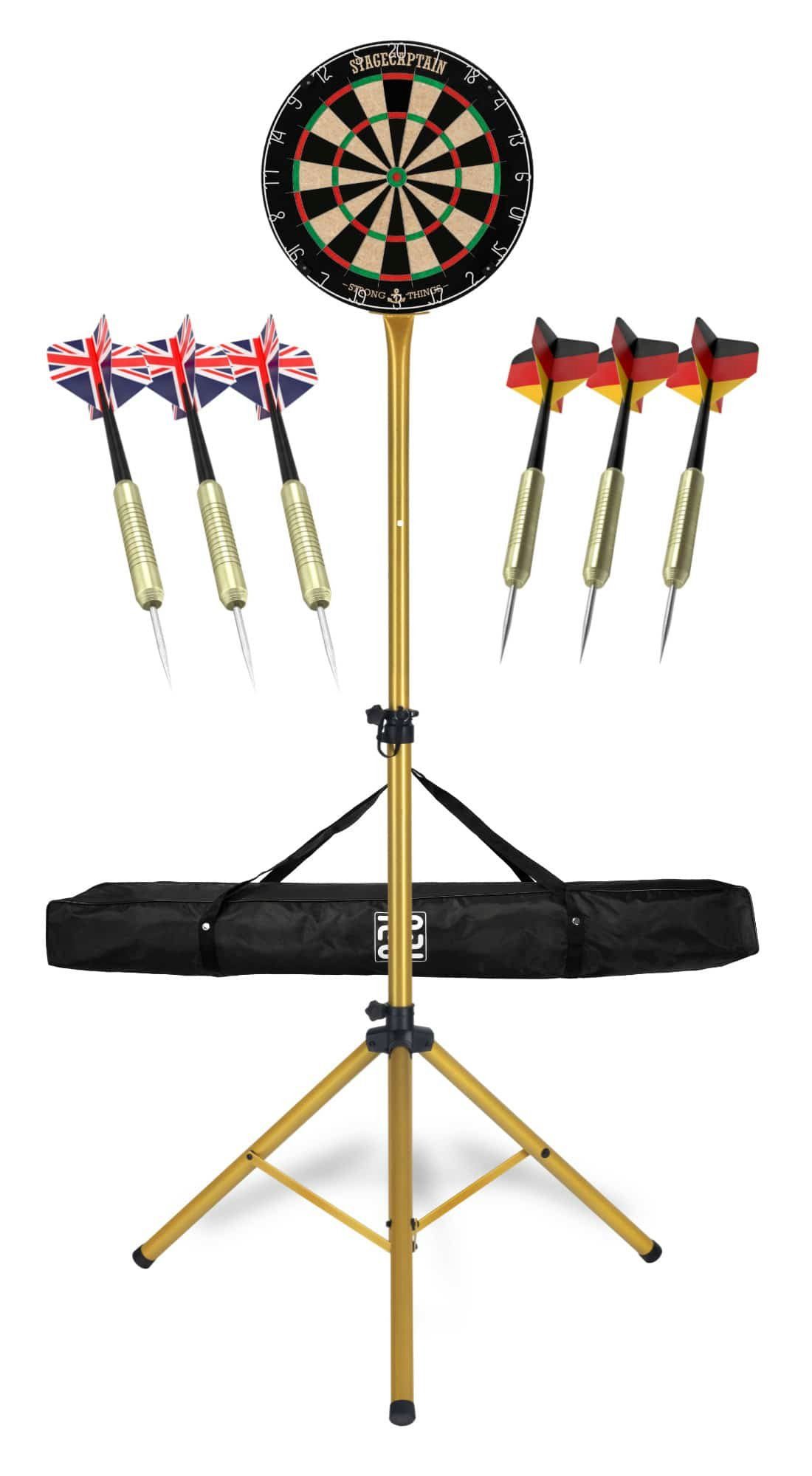 Stagecaptain Dartscheibe DBS-1715 BullsEye Pro, (Spar-Set, inkl. Stativ, Tasche 6 Dartpfeilen und 12 Flights), Steeldartscheibe aus Sisal mit dünnen Drähten