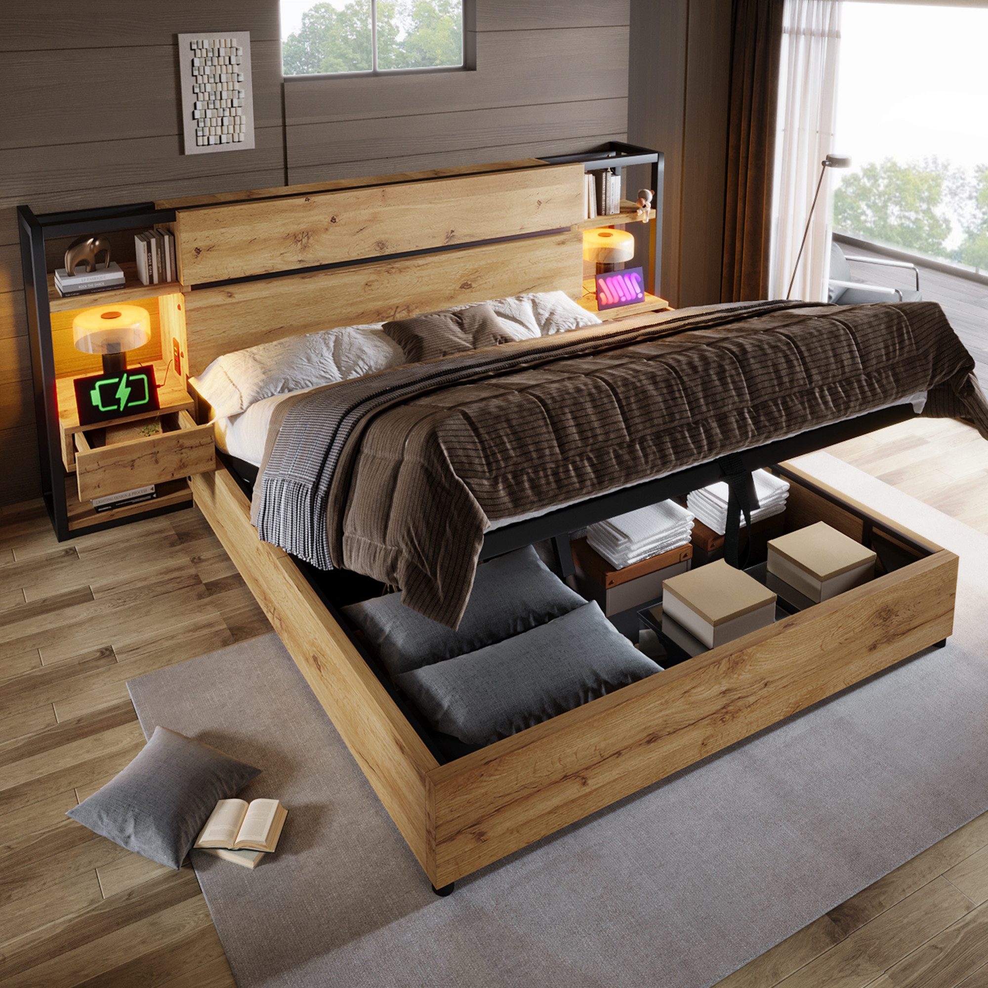 OKWISH Holzbett Mit Stauraum sowie USB- und Type-C-Ladeanschluss (Doppelbett, 1-tlg., Doppelbett 160x200 cm ohne Matratze), Sofort bezugsfertige Lösung mit moderner Konnektivität