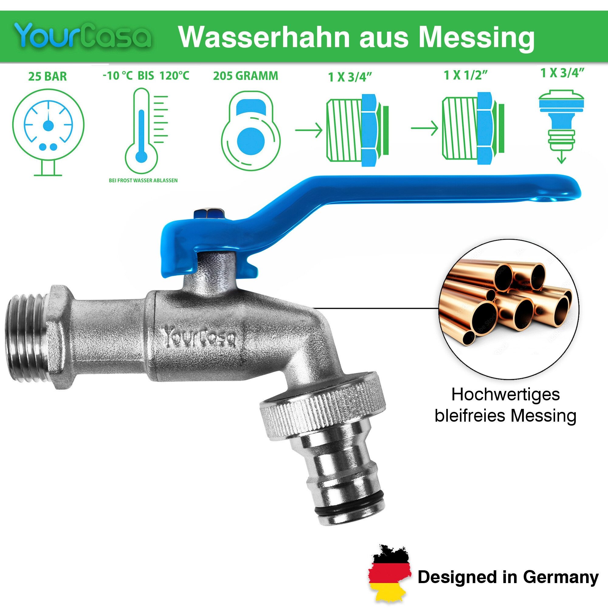 YourCasa Absperrventil Wasserhahn Garten 1/2 Zoll & 3/4 Zoll aus Messing, Messing, Schnellkupplung, Adapter auf 3/4 Zoll