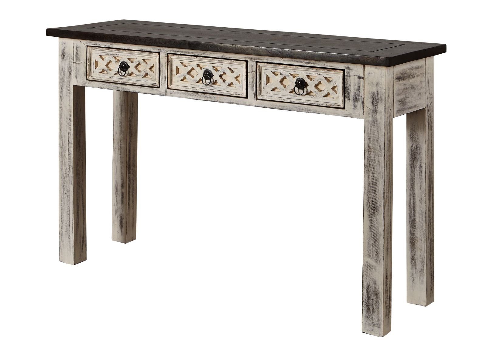 Massivmoebel24 Konsolentisch CASTLE-ANTIK (inkl. 3 Schubladen, weiß u. braun gewachst 120x40x76 Mango/Akazie), Schnitzereien;Verzierungen;Used-Optik;Landhausstil;shabby chic;