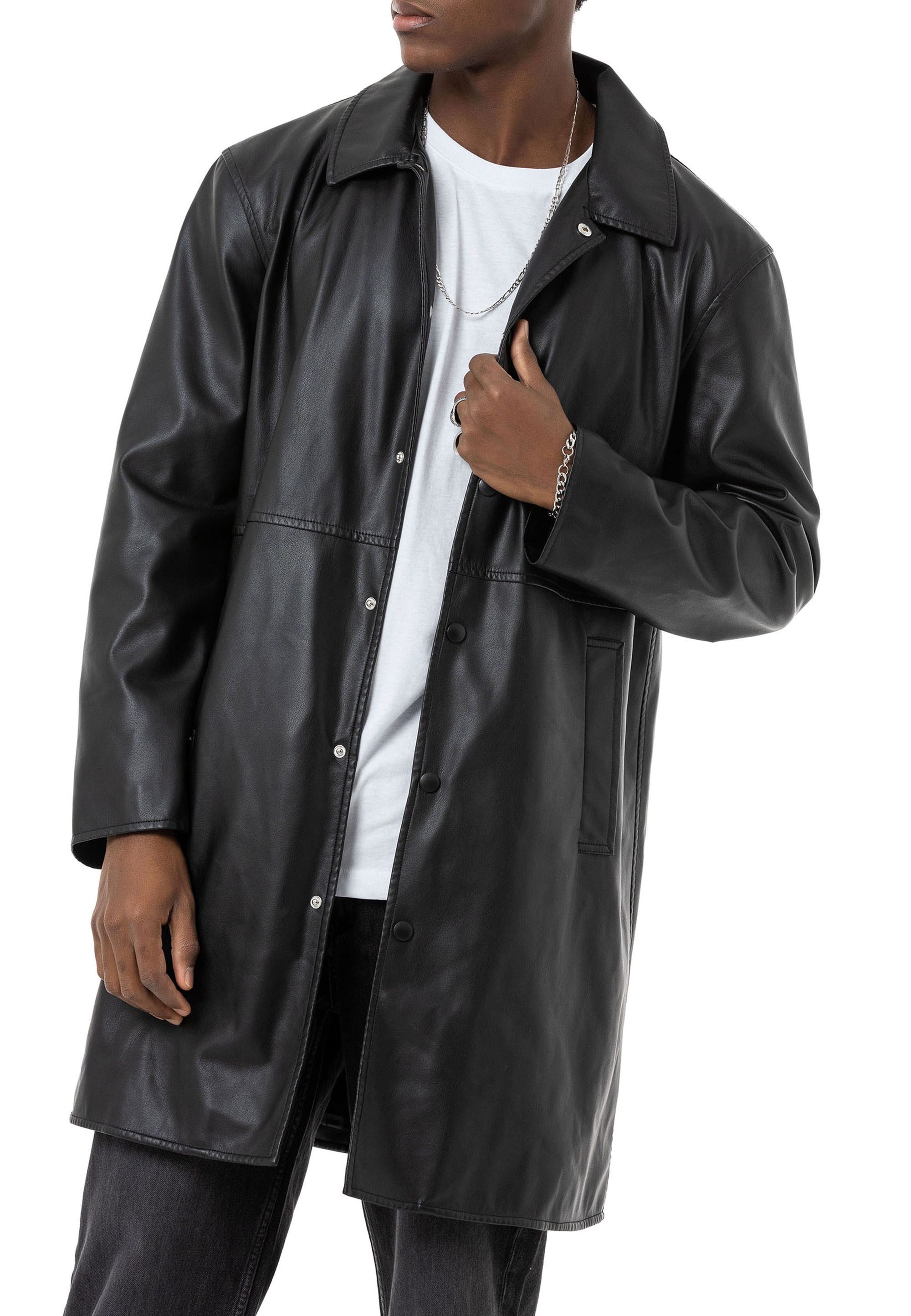 RedBridge Lederimitatmantel mit Hemdkragen und Druckknöpfen Kunstlederjacke Glattes Kunstleder mit eleganter Haptik