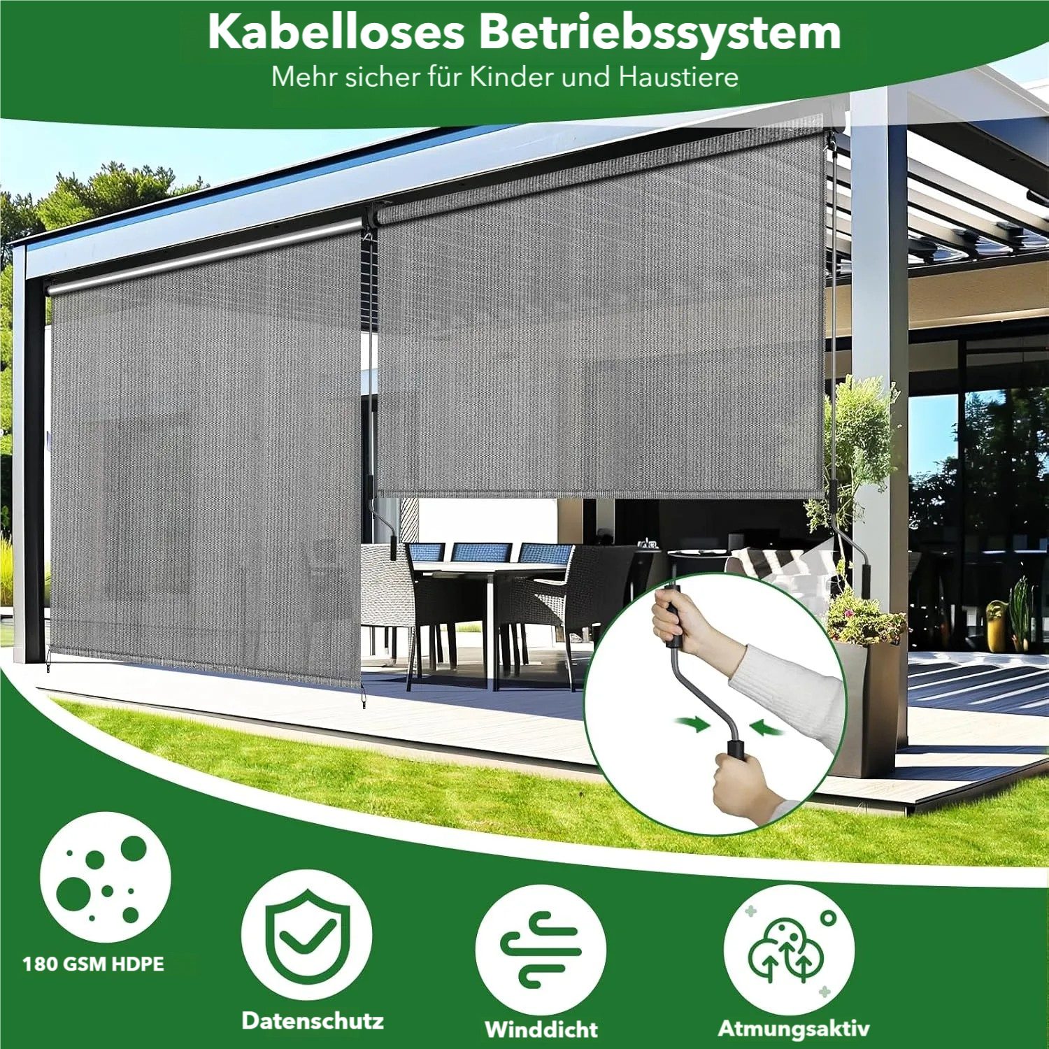 TLGREEN Senkrechtmarkise Vertikalmarkise,HDPE-Schattentuch (für Terrassenpergola,Balkonmarkise, 2-St., Aluminiumrohr mit kabelloser Kurbelbedienung) für Balkon, – Bild 4 von 5