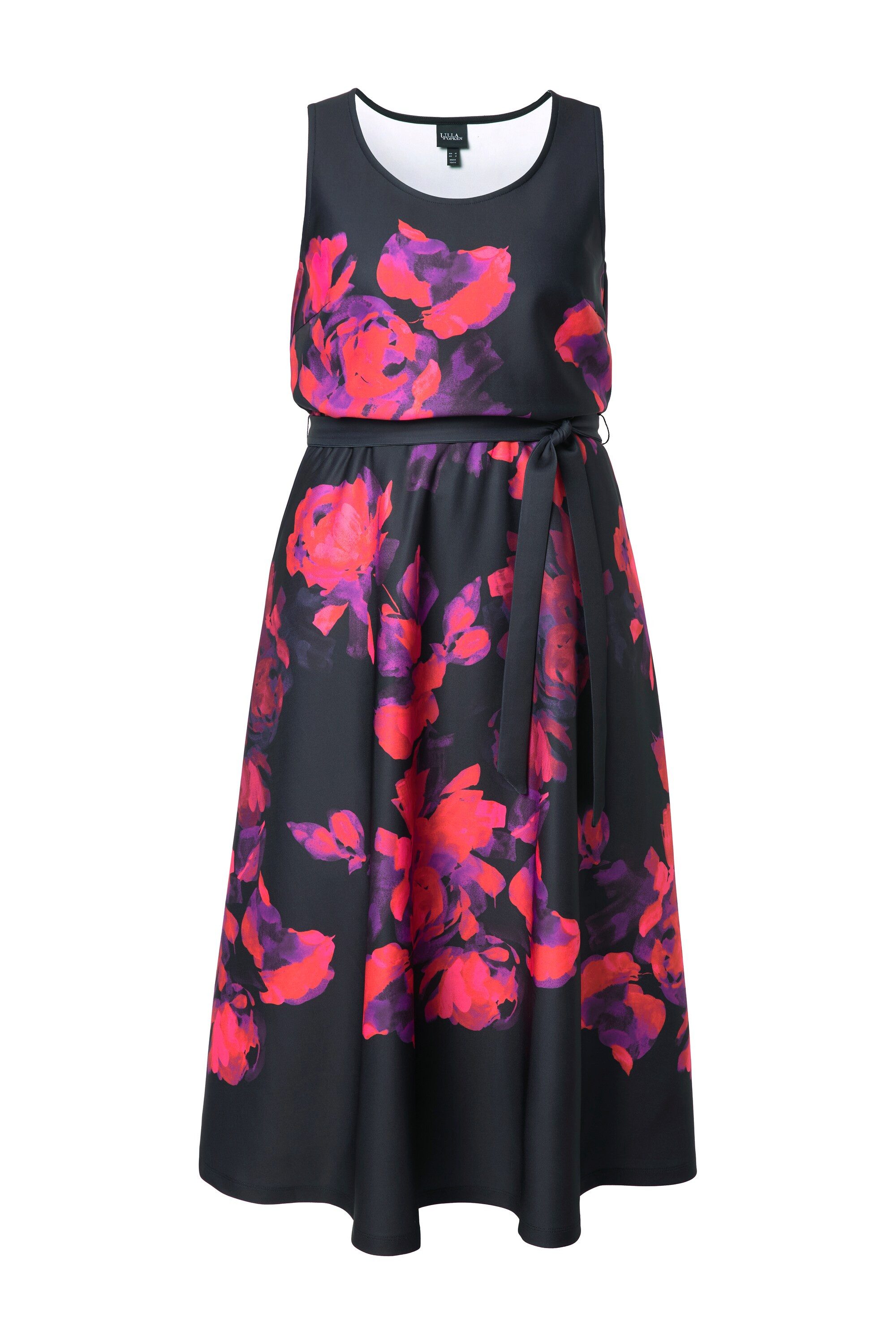 Ulla Popken Jerseykleid Scuba-Maxikleid A-Linie Blüten Rundhals ärmellos
