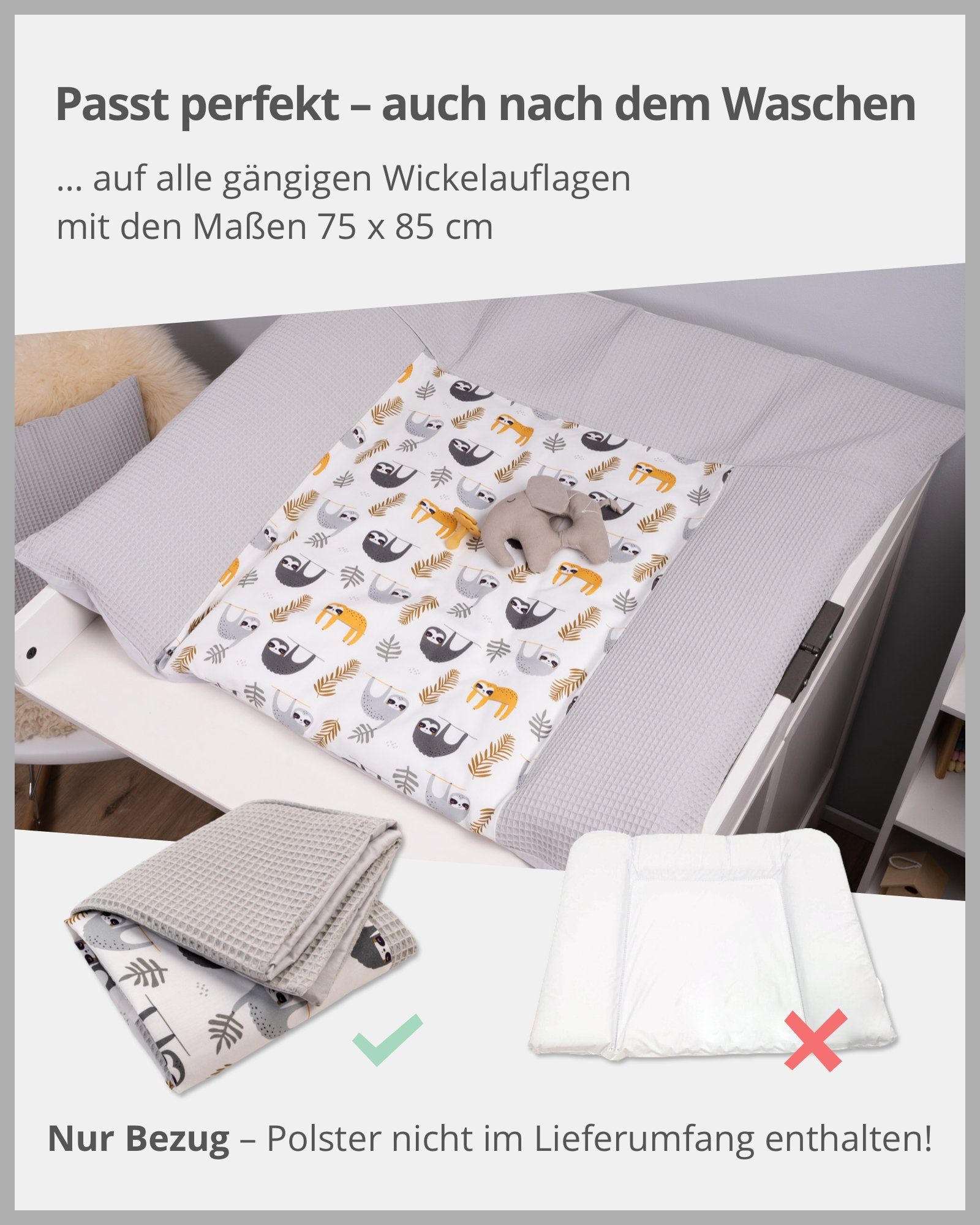 Baumwolle Grau mit cm ® EU), Bezug 100% (Made Faultiere 75x85 in Hotelverschluss, Wickelauflagenbezug ULLENBOOM Wickelauflagenbezug