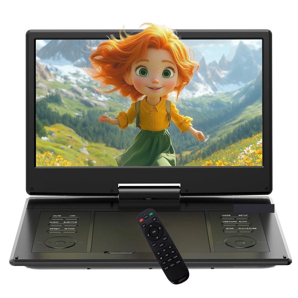 TWUFY 15,7" Tragbarer DVD-Player mit 14,1" HD-Schwenkdisplay Portabler DVD-Player (6 Stunden Wiederaufladbare Batterie, Unterstützung für USB/TF-Karte/AV-Übertragung, Sync TV/Projektor Bildschirm, Unterstützt Mehrere Formate/SD/USB, TV/Beamer-Anschluss)
