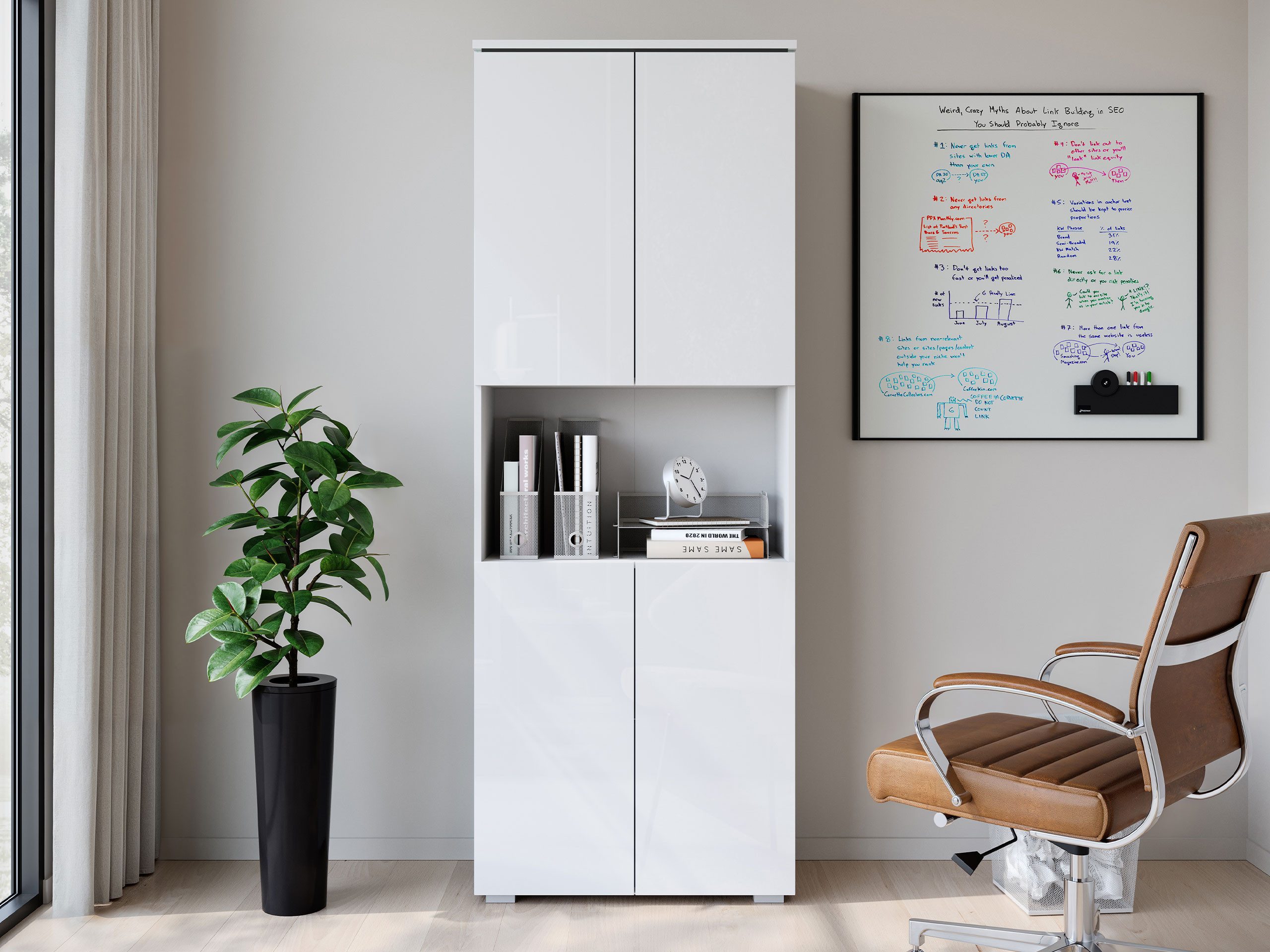 MIRJAN24 Regal Vera, mit vier Drehtüren, Weiße LED-Beleuchtung, 68x33x182 cm