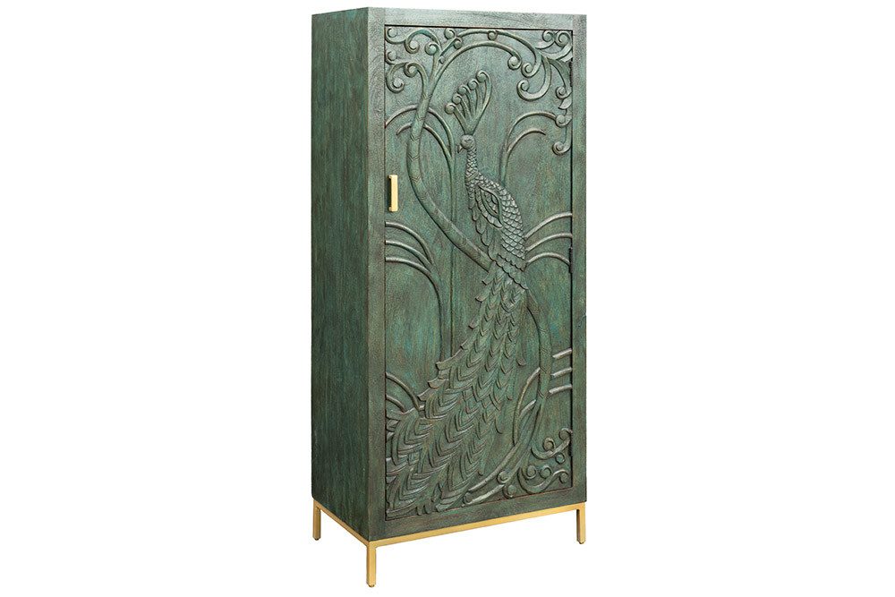 riess-ambiente Highboard PEACOCK 170cm grün / gold · Wohnzimmer-Schrank aus Mango-Massivholz (Einzelartikel, 1 St), 3D Schnitzerei · Pfau-Design · handmade · 1 Tür & 3 Fächer · montiert