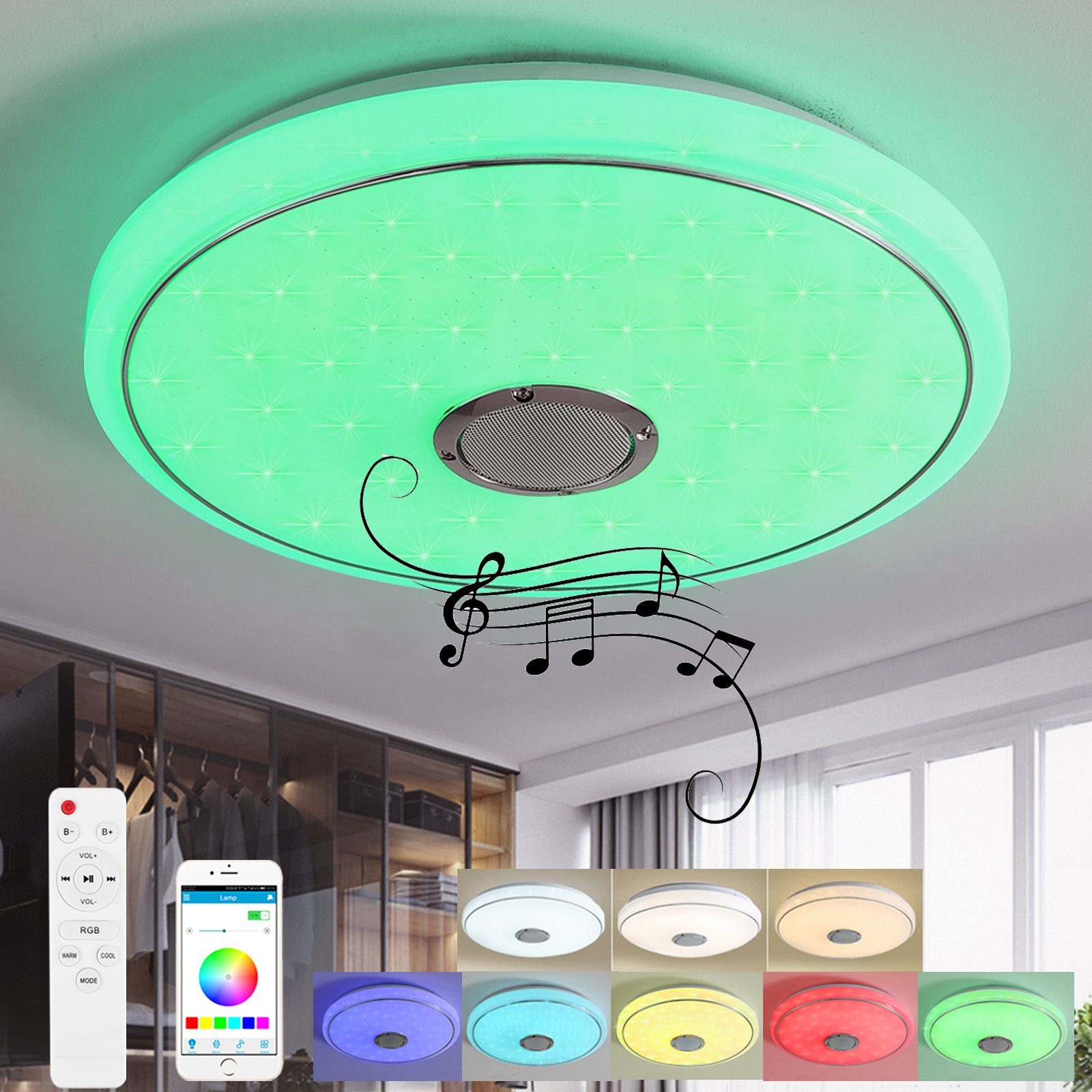 RGB LED Deckenlampe mit Bluetooth Musik Wifi Lautsprecher App Remote Dimmbar 36W