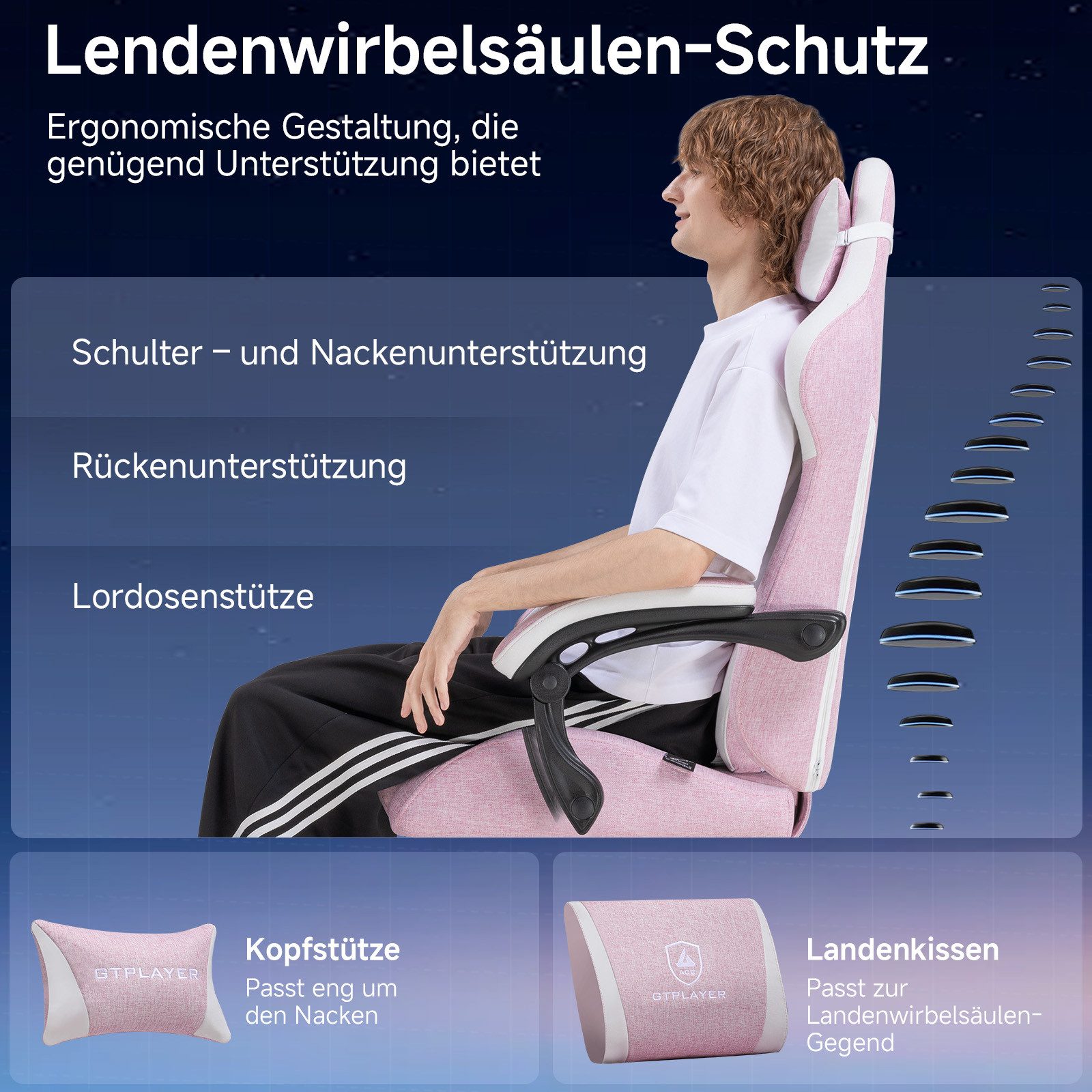 GTPLAYER Gaming-Stuhl Ergonomischer Gaming Sessel Schreibtischstuhl mit Stoffoberfläche (Pacekung), Federsitzkissen – Bild 2 von 5