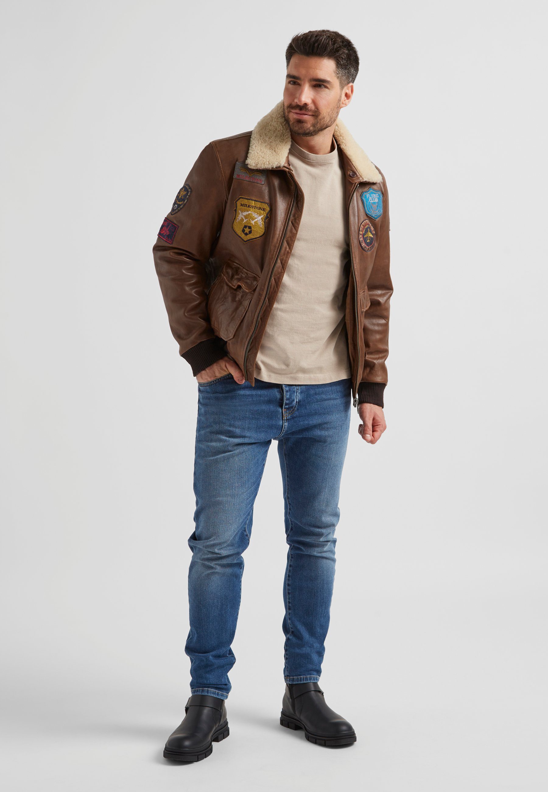 MILESTONE Lederjacke MSMatti Herren Fliegerjacke mit abnehmbarem Fellkragen – Bild 4 von 5