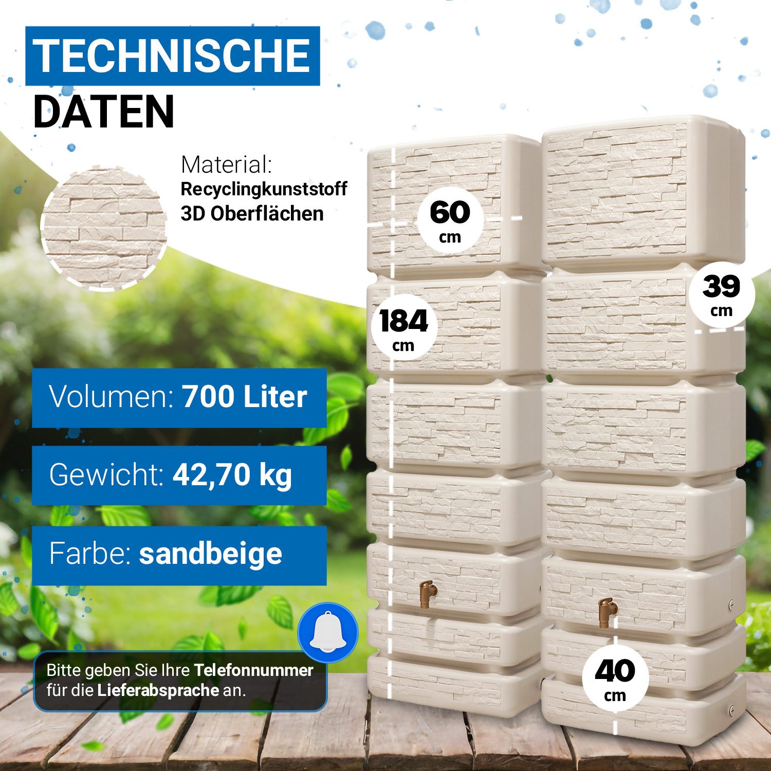 4rain Regentonne SLIM STONE DECOR Wandtank-Set 700 L sandbeige, 700 l – Bild 3 von 5