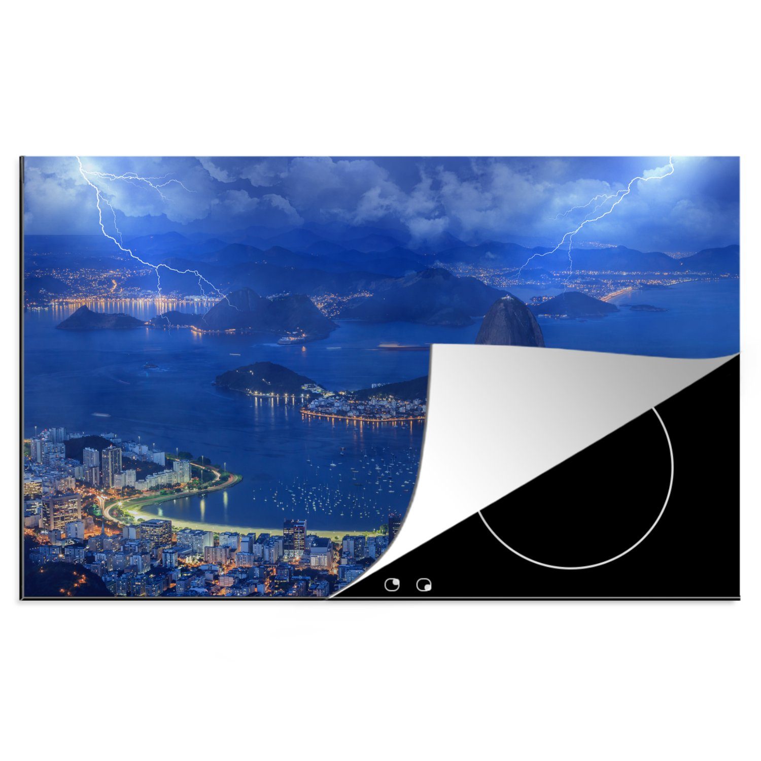 MuchoWow Herdblende-/Abdeckplatte Sturm - Rio de Janeiro - Nacht, Vinyl, (1 tlg), 81x52 cm, Induktionskochfeld Schutz für die küche, Ceranfeldabdeckung