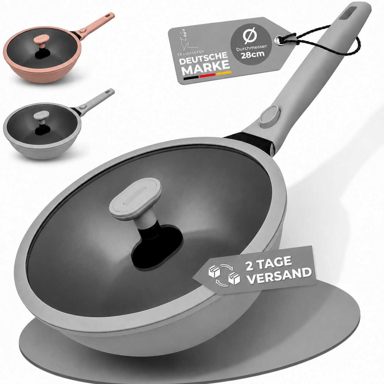 TRAUMLEBEN Wok 28 cm Wokpfanne mit Deckel, abnehmbarer Griff, Antihaftbeschichtung, aus Aluminium, für Induktion geeignet, backofenfest, hoher Rand