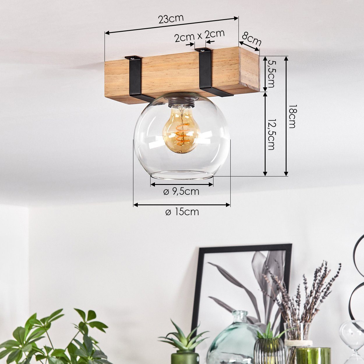 hofstein Deckenleuchte Deckenlampe aus Metall/Holz/Glas in Schwarz/Natur/Klar, ohne Leuchtmittel, Holzbalken und Glasschrim Ø15cm, 1x E27, ohne Leuchtmittel