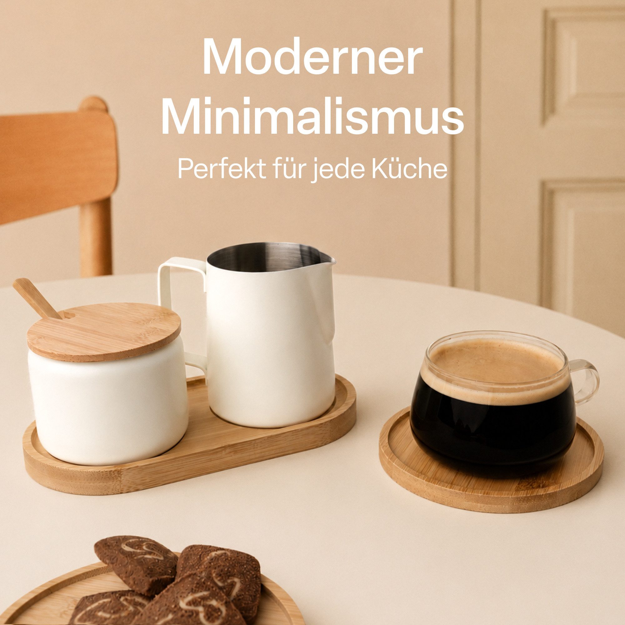 MiaMio Milch- und Zuckerset mit Serviertablett, mattweiß (5-tlg), Edelstahl, Sahnekännchen 330 ml und Zuckerdose 270 ml