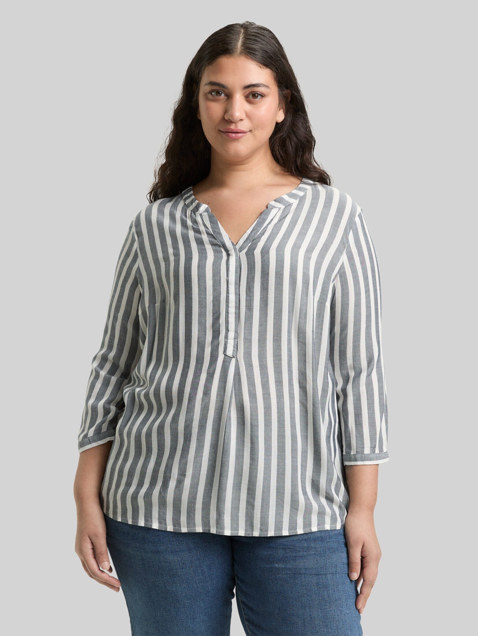 TOM TAILOR PLUS Langarmbluse Blusen & Shirts Plus Size - Henleybluse mit Streifenmuster