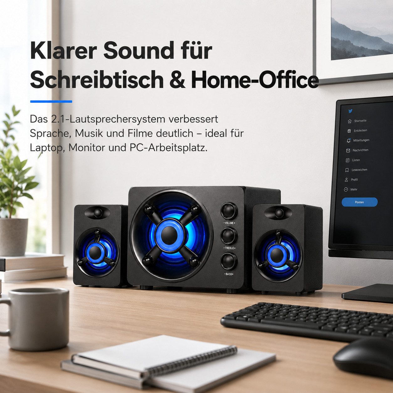 Tekoo 2.1 PC Lautsprecher System Holz, Bluetooth Subwoofer & RGB, USB PC-Lautsprecher 2.1 (Bluetooth, 6 W, Holzgehäuse für natürlichen Klang, RGB-Lichteffekte, Bluetooth)