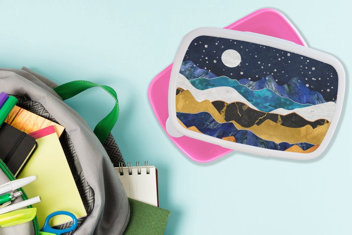 Snackbox, Kinder, MuchoWow Brotdose Gold Mädchen, Kunststoff Abstrakt - Nacht Marmor - - Landschaft für Berg, - Brotbox Lunchbox (2-tlg), rosa - Kunststoff, Erwachsene,
