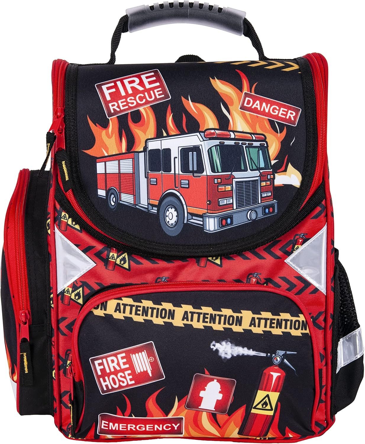 GOLDKIDS Schulranzen Feuerwehr Firefighters Grundschule (ergonomischer Ranzen Federmappe, 1-tlg., Federtasche Federmäppchen ohne), Inhalt Turnbeutel Zuckertüte 4er Set Fire