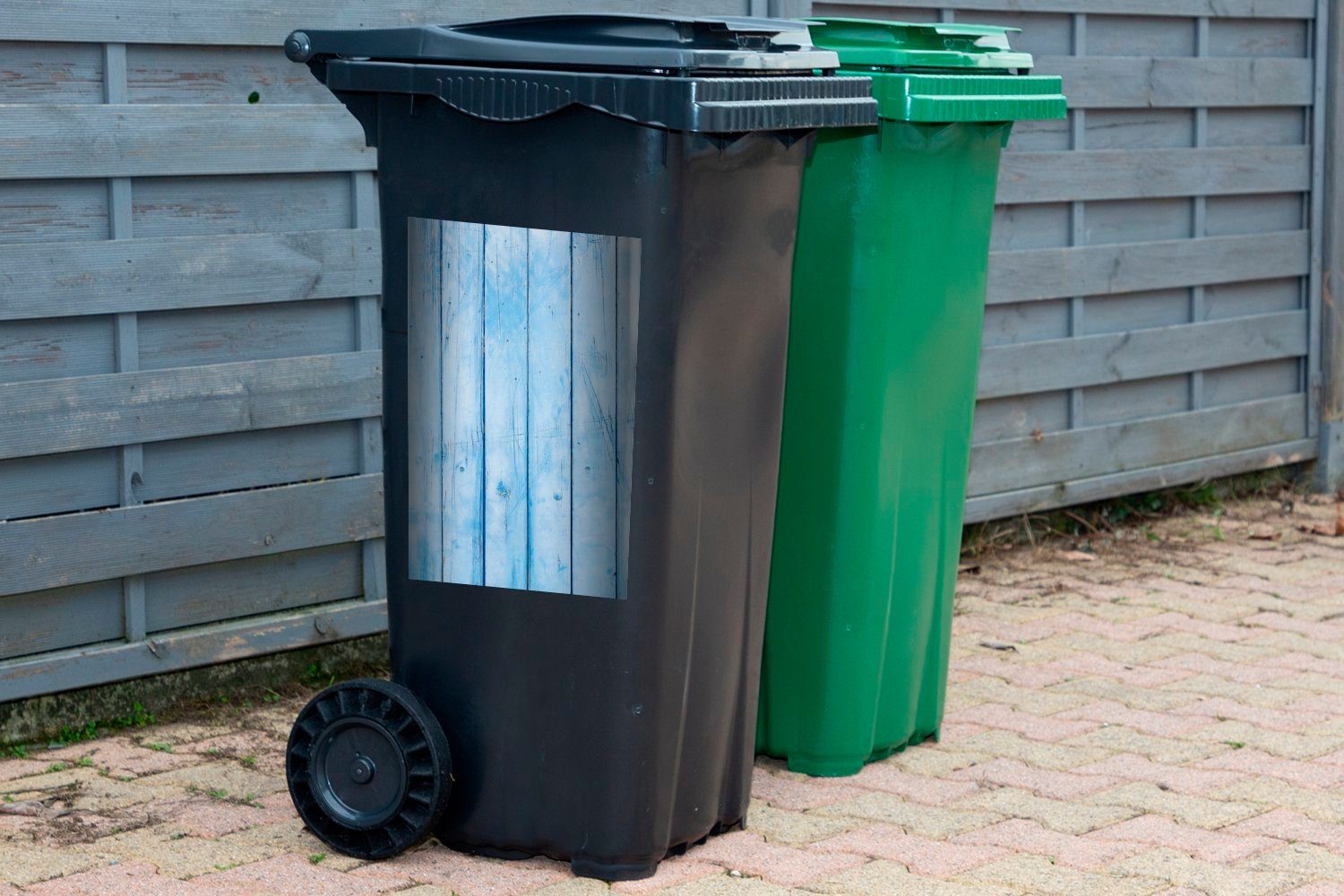 mit Wand Container, Mülleimer-aufkleber, (1 Blaue Abfalbehälter Sticker, MuchoWow Mülltonne, St), Wandsticker Bohlenstruktur