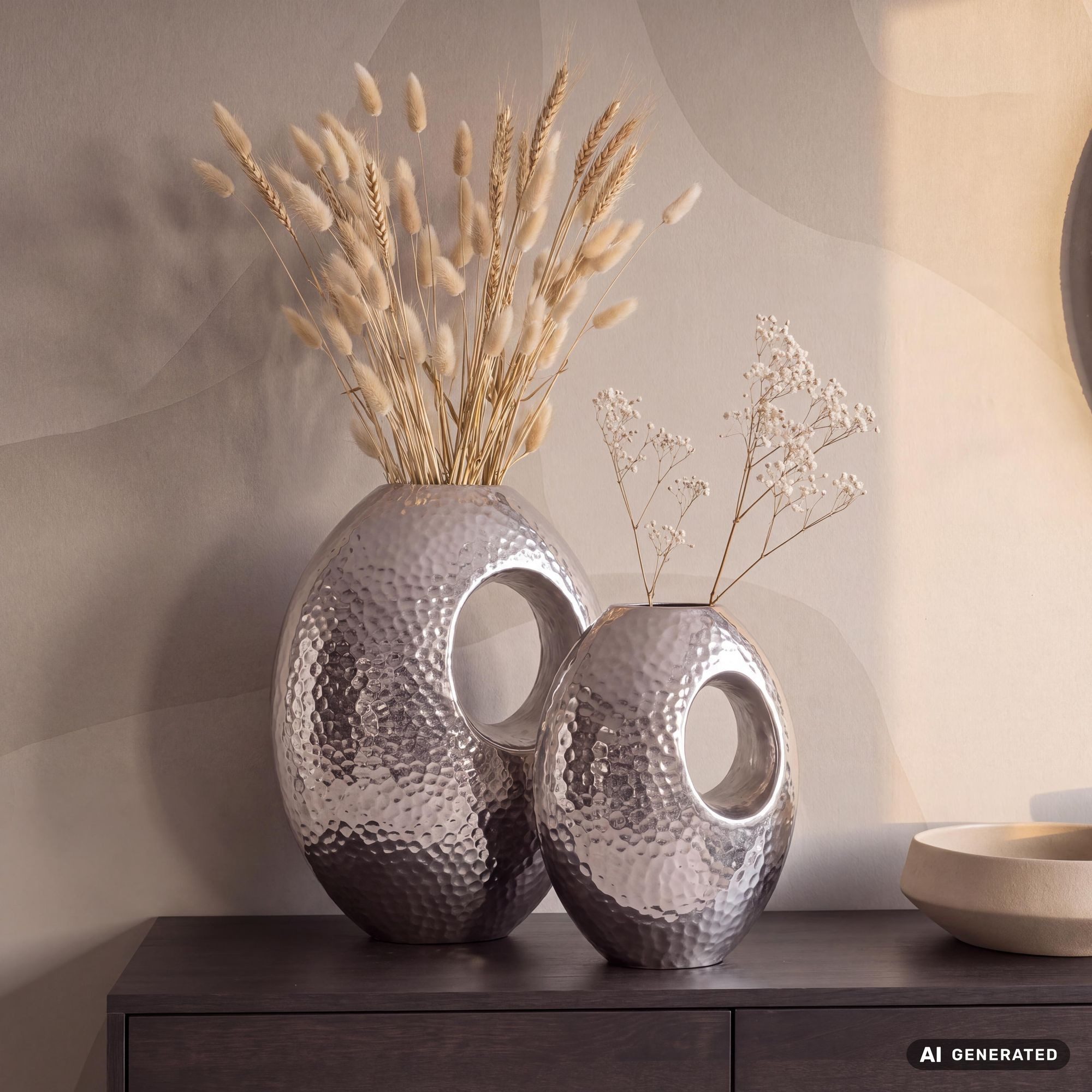 FINEBUY Dekovase FB64115 Vase 2er Set Blumenvase Aluminium Hammerschlag Tischvase (Vase 2er Set Aluminium Silber, Hammerschlag), Tischvase mit Tragegriff, Blumenvase Modern