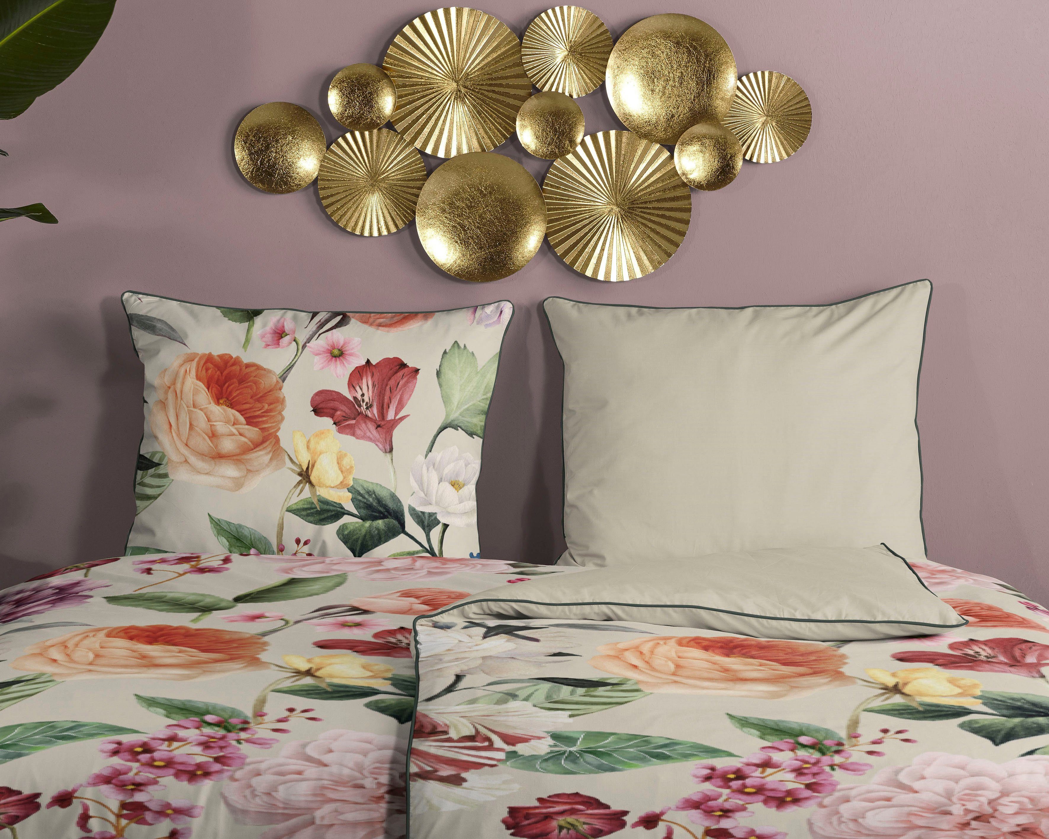 Descanso Wendebettwäsche Fiori, Satin (Bio-Baumwolle), 2 teilig, Baumwolle, Satin, 135x200, Biese, Reißverschluss, Wende, Blumen Sand