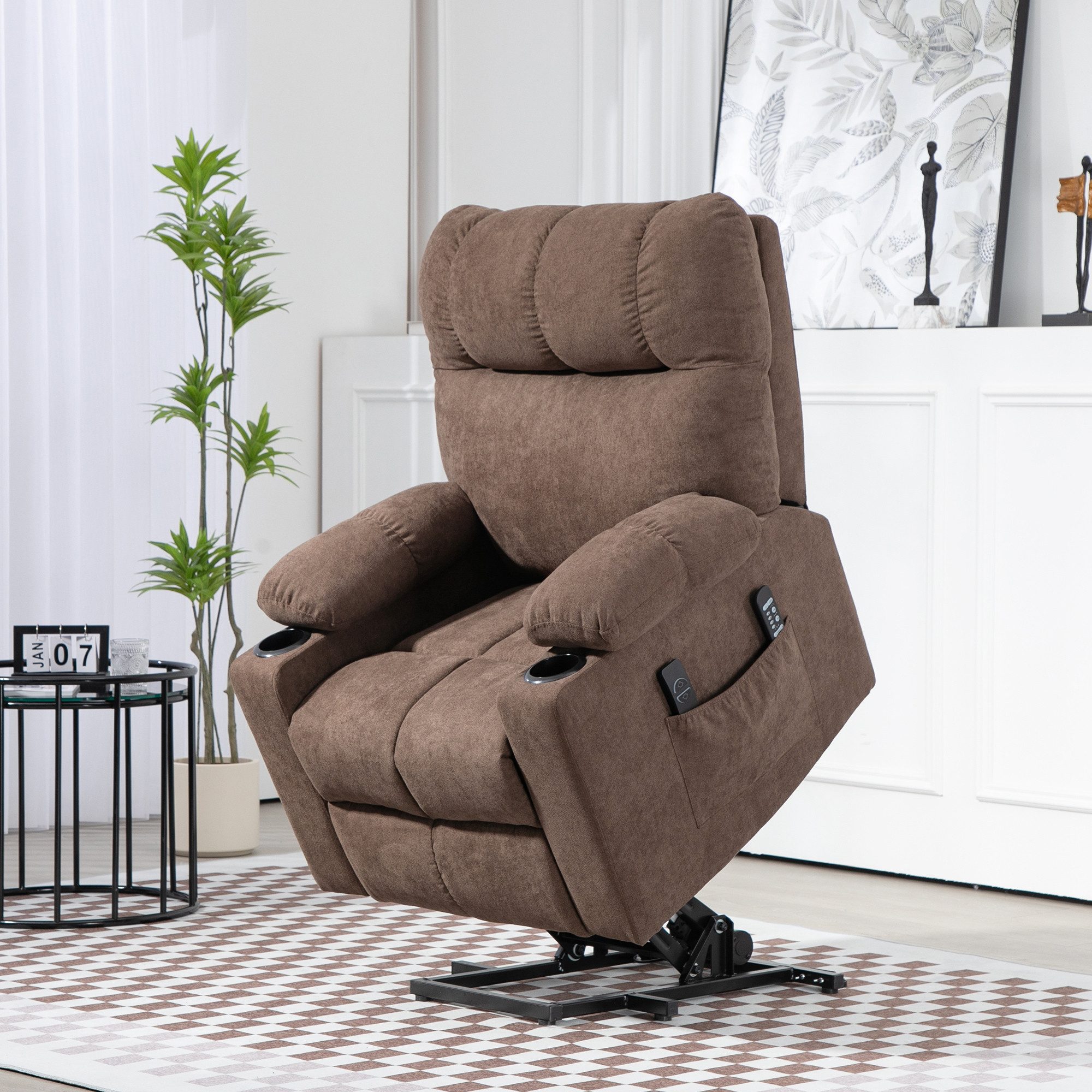 HOMCOM Massagesessel Aufstehhilfe mit Wärmefunktion, Becherhalter, Fußteil (Relaxsessel, 1-St., Fernsehsessel), für Wohnzimmer, Arbeitszimmer, Braun